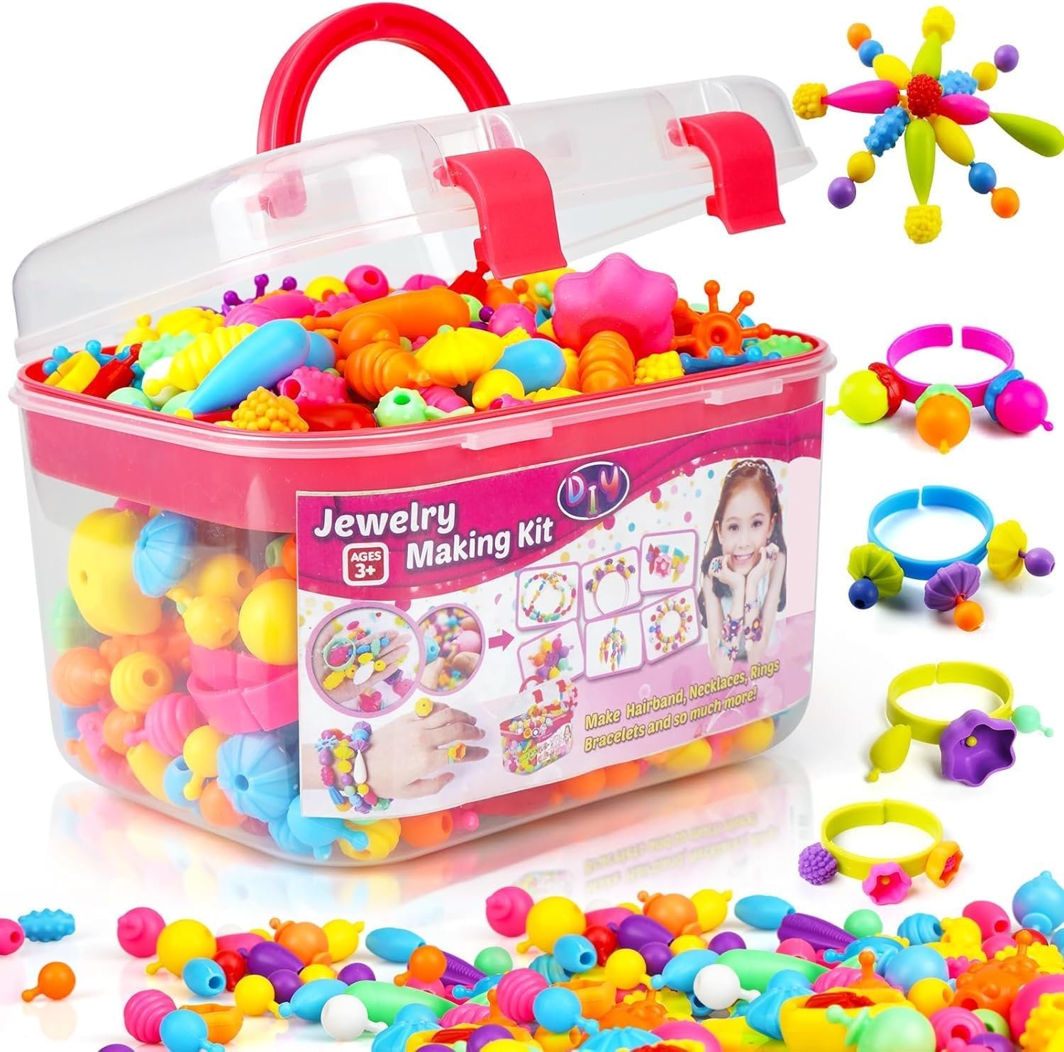 520+ Snap Pop Beads – Jewelry Making Beads Charms Style Craft Kit, Arts and Crafts for Kids Ages 4-8, Toys for 3 4 5 6 7 Years Old Girls Birthday Gifts Ideas, Bracelet Necklace Ring for Girls