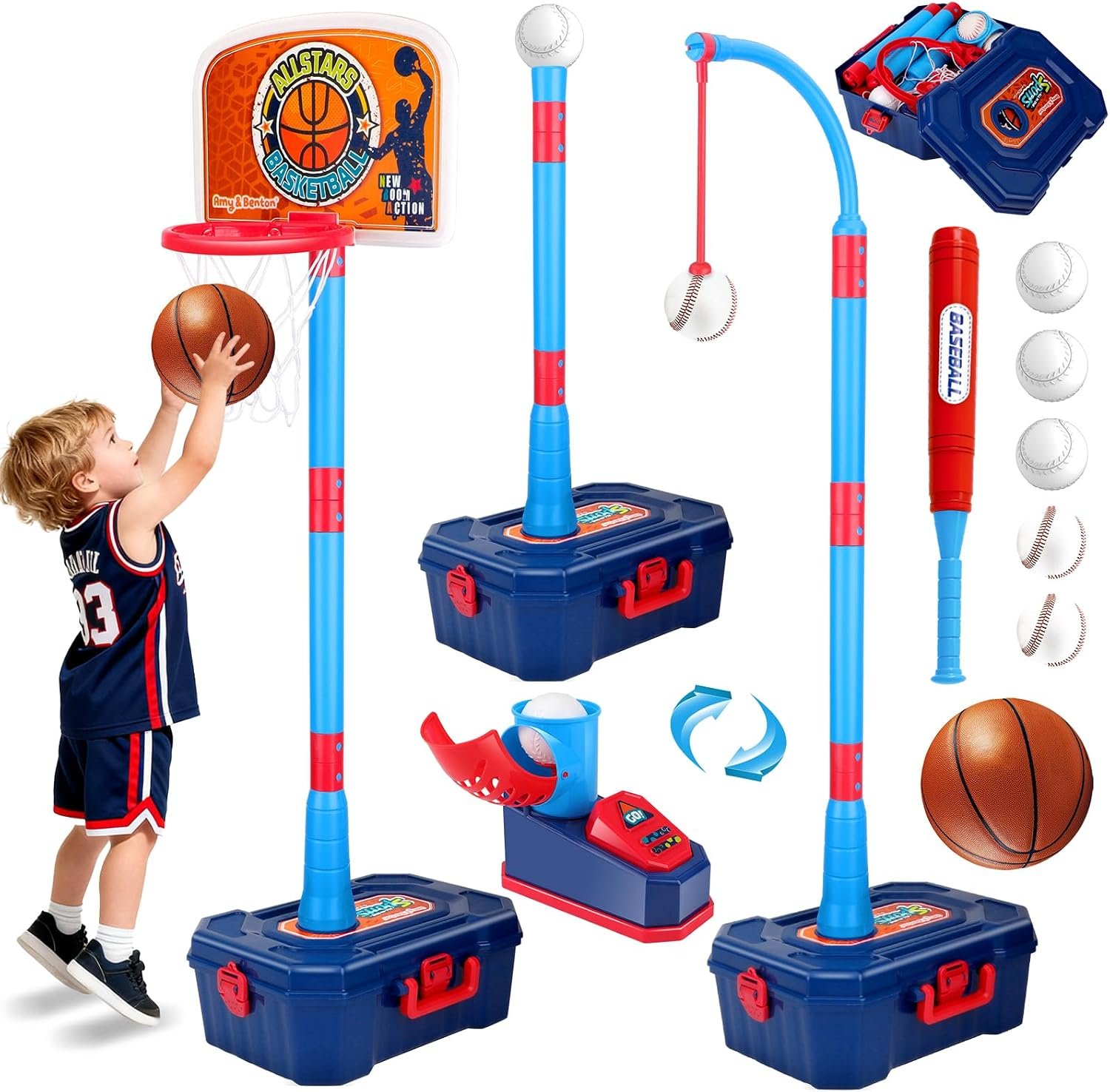 4-in-1 Kids Basketball Hoop & Tball Set, Adjustable Sports Toys Ages 3-8