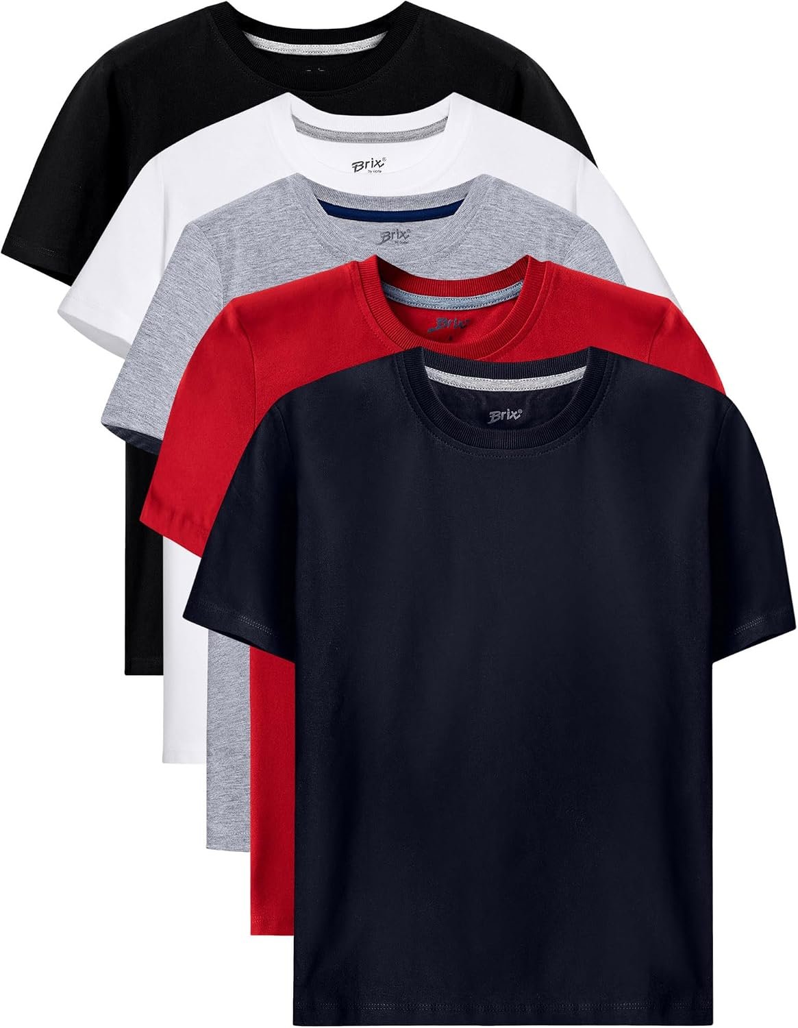 Brix Boys T-Shirts 5 Pack Short Sleeve Tees – 100% Cotton Kids Tagless Summer Tops.