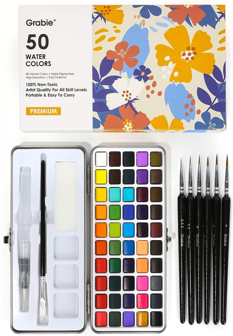 Grabie 50 Color Watercolor Paint Set with Detail Paint Brushes | High Pigment Paints, Blendable Colors, Portable Travel Case, Painting, Sketching, Illustration, Beginner And Hobby Artists