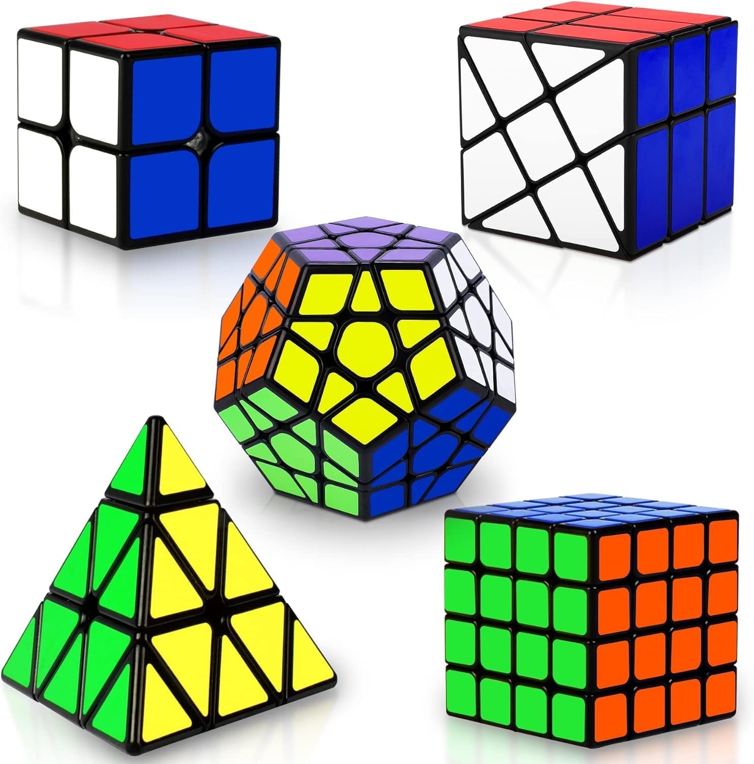 Speed Cube Set, Puzzle Cube, Magic Cube 2×2 4×4 Pyraminx Pyramid Megaminx Fenghuolun Puzzle Cube Toy Gift for Children Adults, Pack of 5