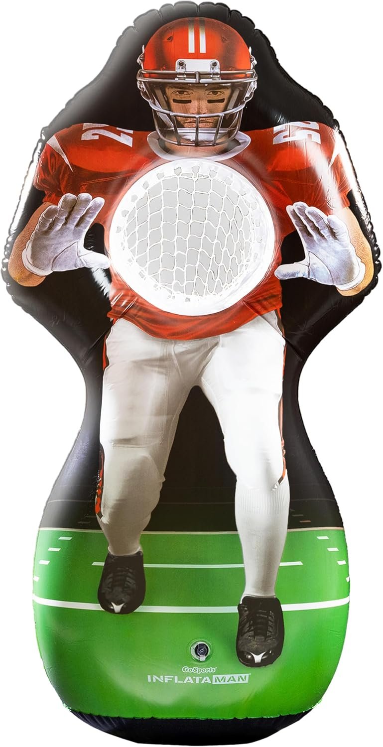 GoSports Inflataman Football Challenge – Includes 4 Rubber Footballs, Ball Pump, and Scoreboard – Inflatable Receiver Touchdown Toss Game