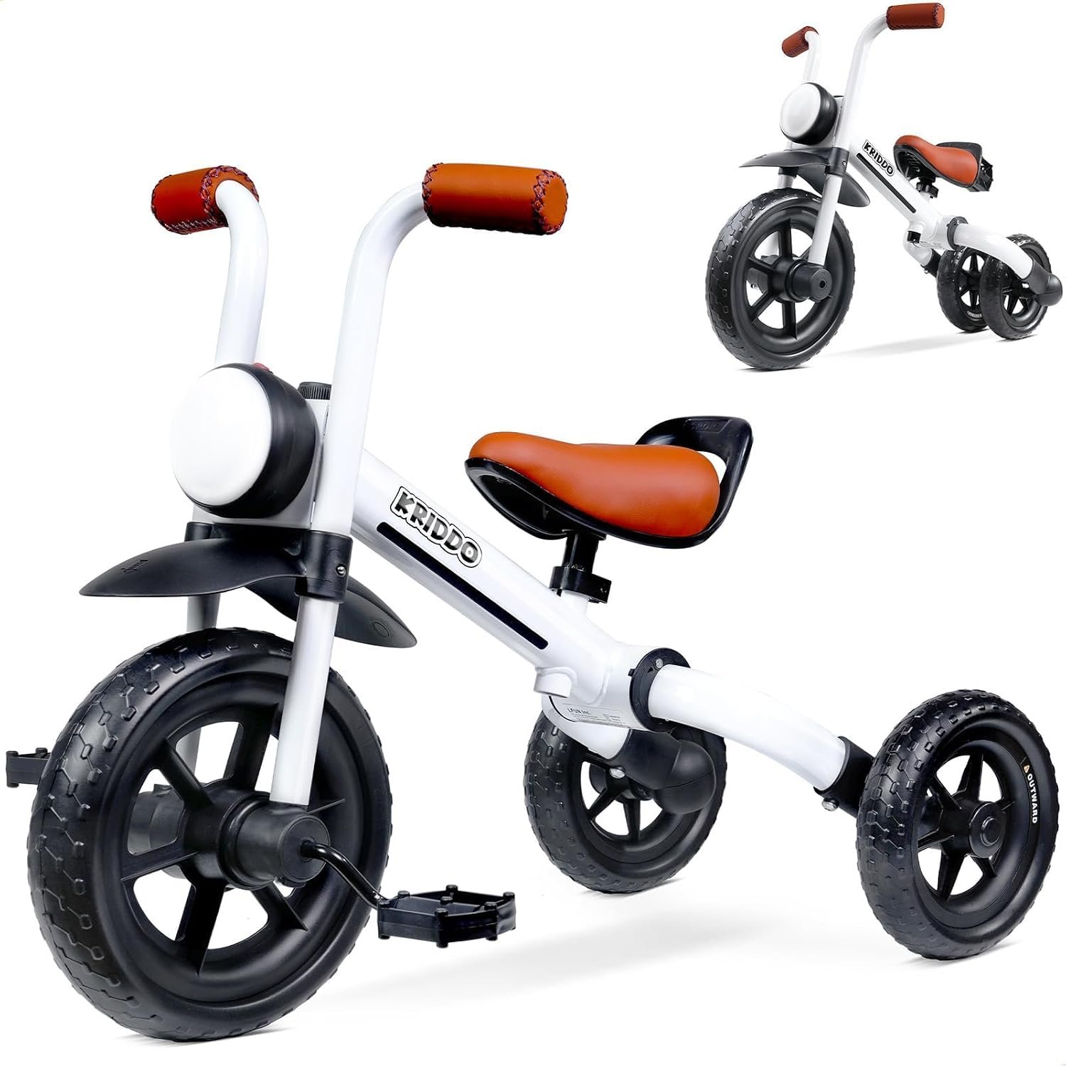 KRIDDO 2-in-1 Kids Balance Bike and Kids Tricycle for 2 to 5 Year Old, Toddler Balance Bike with Detachable Pedals, Tricycles for 3-5 Year Olds with Stitched Soft Grip, White | Detachable Pedals for Balance Bike Mode, Front Light, Tricycle for Toddlers Ages 2–5 with Stitched Soft Grip