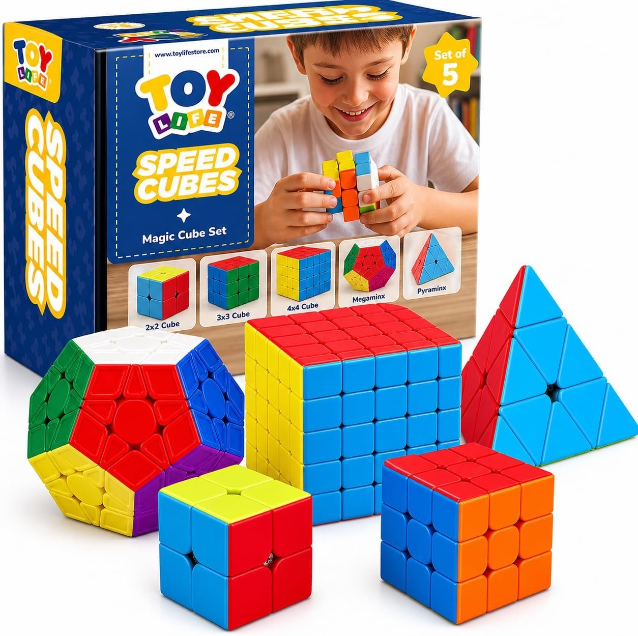 STEAM Life Speed Cube Set, Speed Cube Set of 2×2 3×3 4×4 Megaminx and Pyramid Cube Smoothly Stickerless Magic Cubes Collection for Kids & Adults