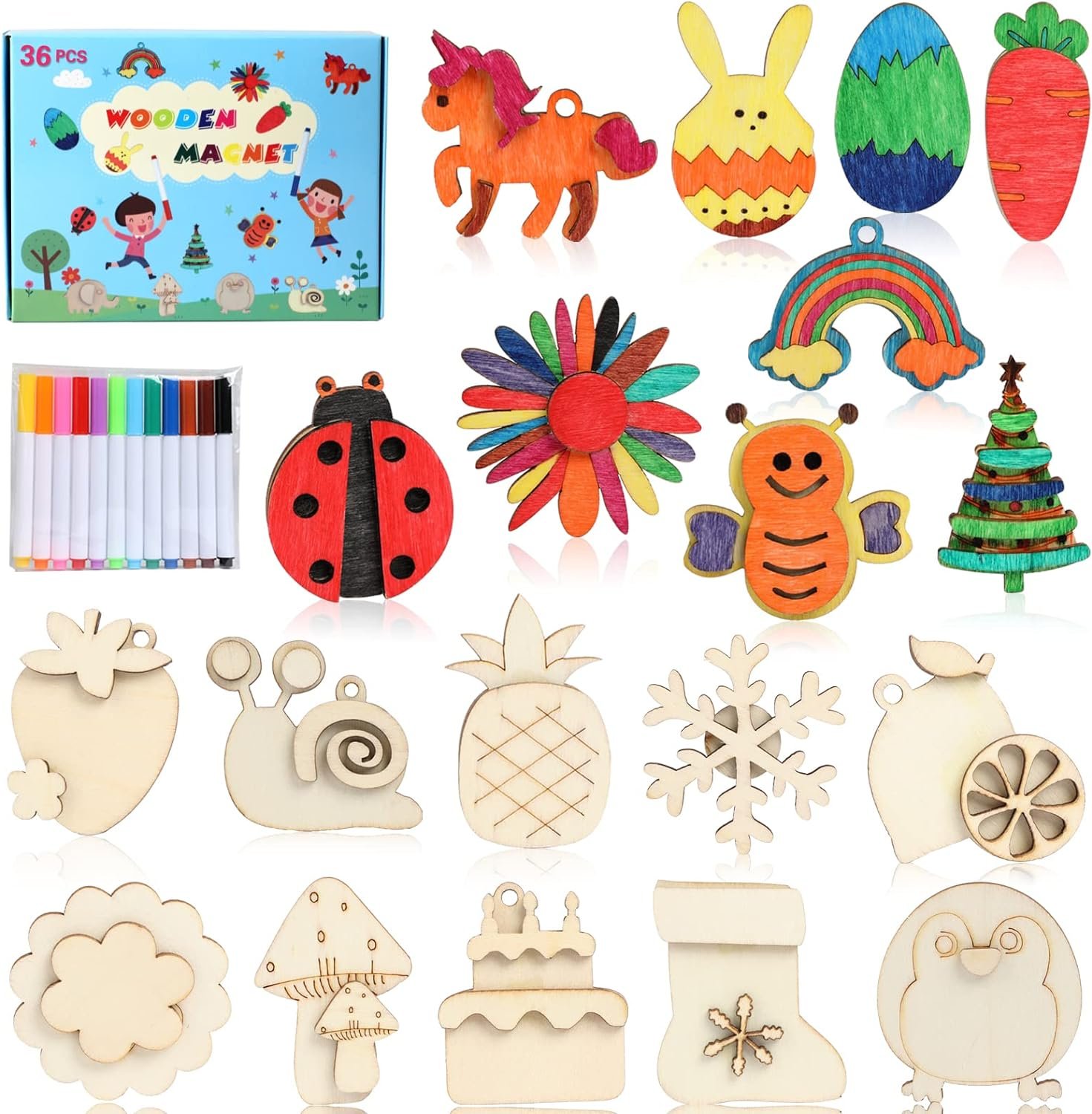 DIY Wooden Magnet 36 Art Craft Supplies Painting Kit for Kids Ages 4-8 8-12 | Party Favors for Boys Girls Birthday Easter Crafts Gifts Toys Basket Goodie Bag Stuffers