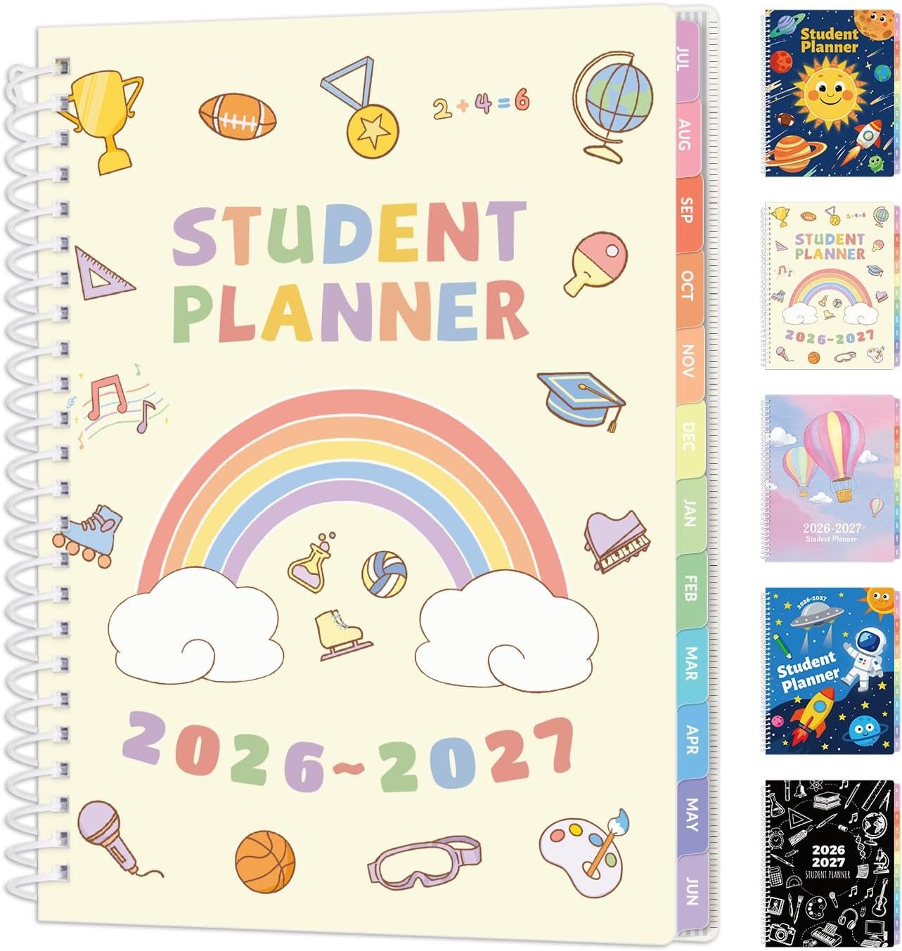 SUNEE Elementary Student Planner 2026-2027, Dated Academic Year Jul. 2026 – Jun. 2027, 6.5″×8.3″ School Planner for Kids, Datebooks Weekly & Monthly Plan Book with Bookmark/Monthly Tabs, Beige Rainbow