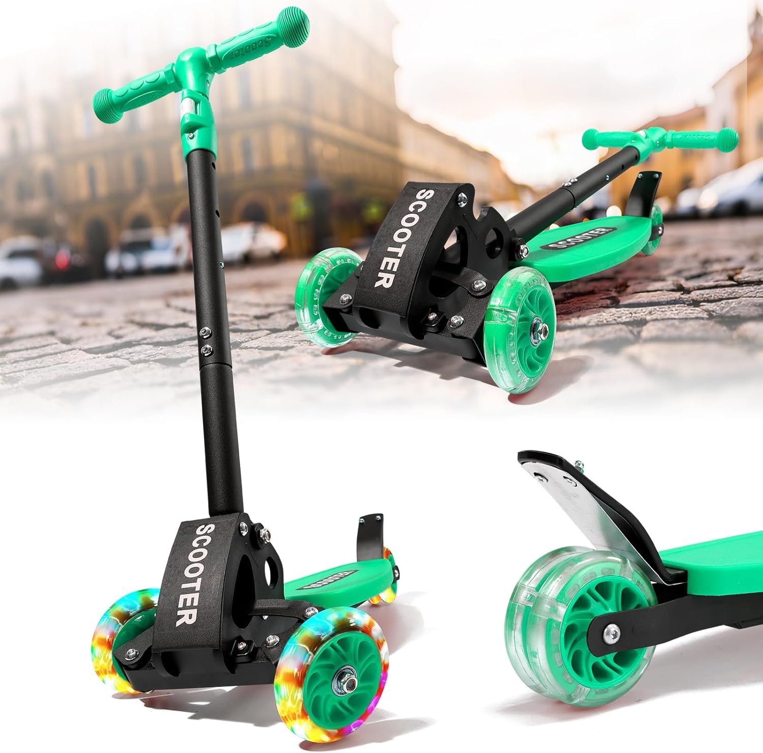 Kick Scooters for Kids 5-7 8-12,Lean to Steer,Three Wheeled Light Up,28″-32″ Adjustable Handlebar,Widen Anti-Slip Deck,Floor Push Scooter for Boys Girls Ages 6-12 3-4 Old,Foldable for Travel
