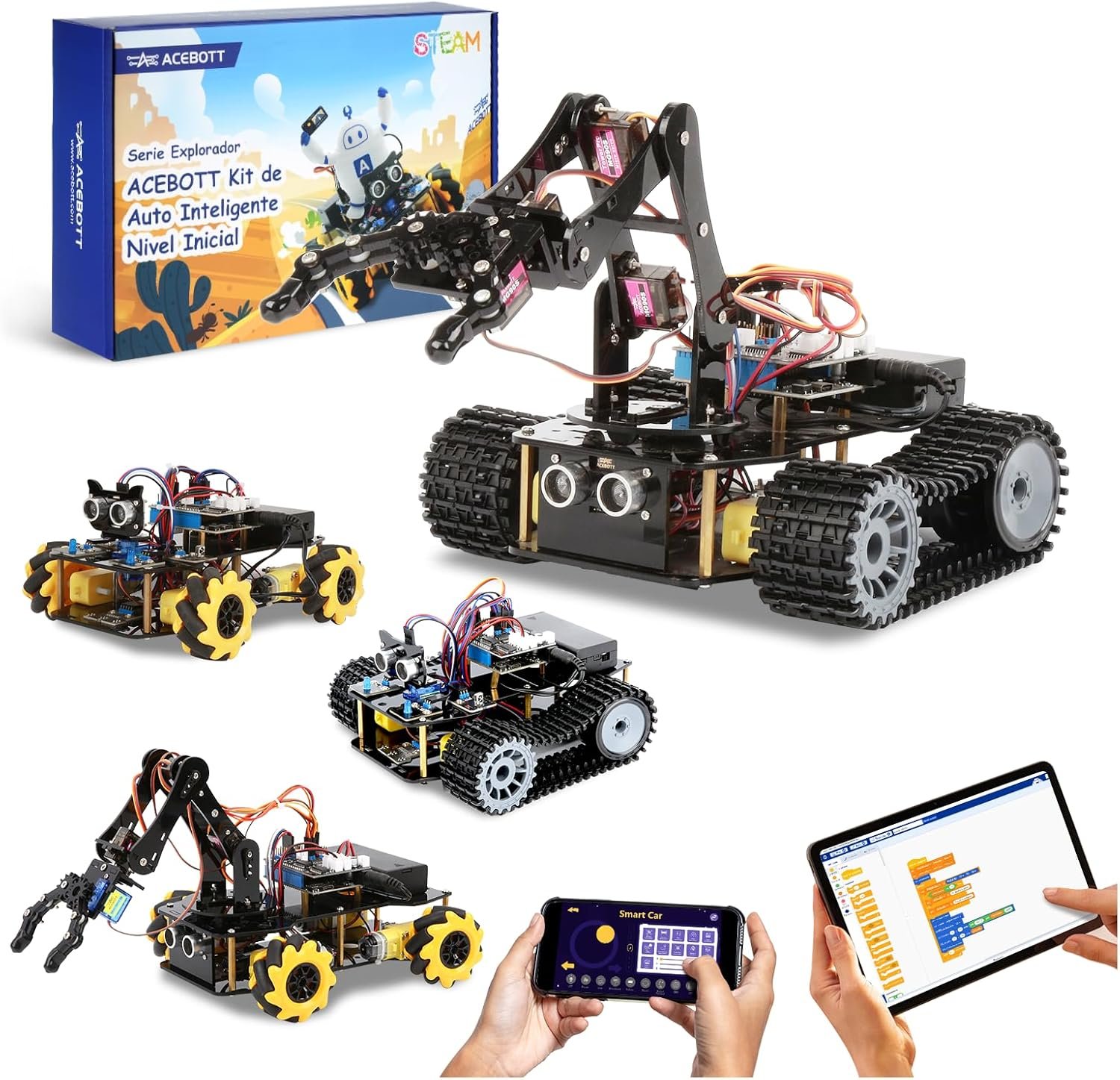 Robotics for Kids Ages 12-16, ACEBOTT 4 in 1 Smart Robot Arm with 5DOF + Tank Car, STEM Toys Coding Kit Compatible with Arduino & Scratch, App & Remote Control, for Kids & Teens