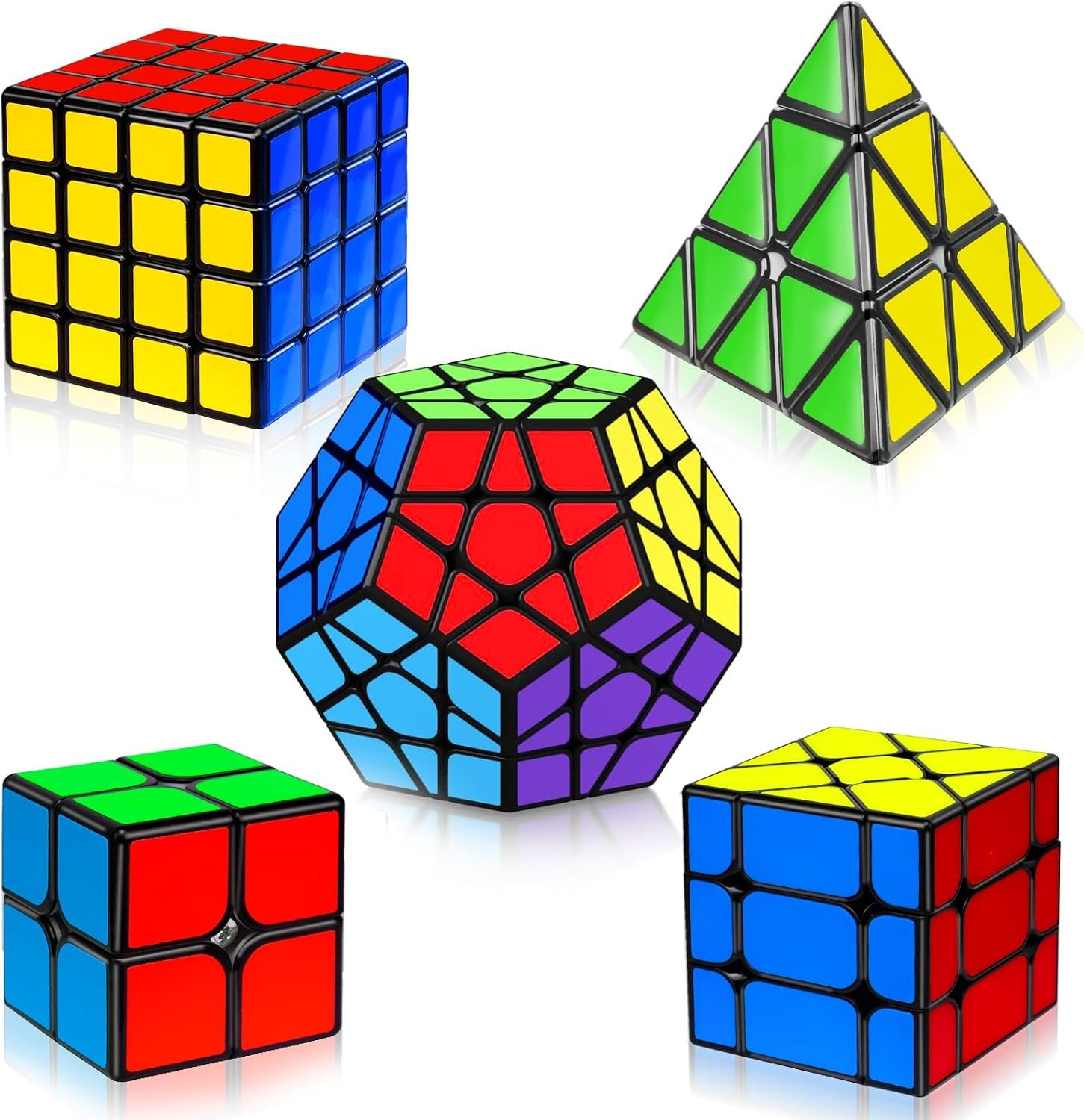 AuntyFey Speed Cube Set 5 Pack, 2×2 3×3 4×4 Megaminx Pyramid, Kids & Adults | Smooth Turning, Sturdy, Safe ABS, Magic Cube, Manual included, Great Gift for All Ages, Builds STEM Skills