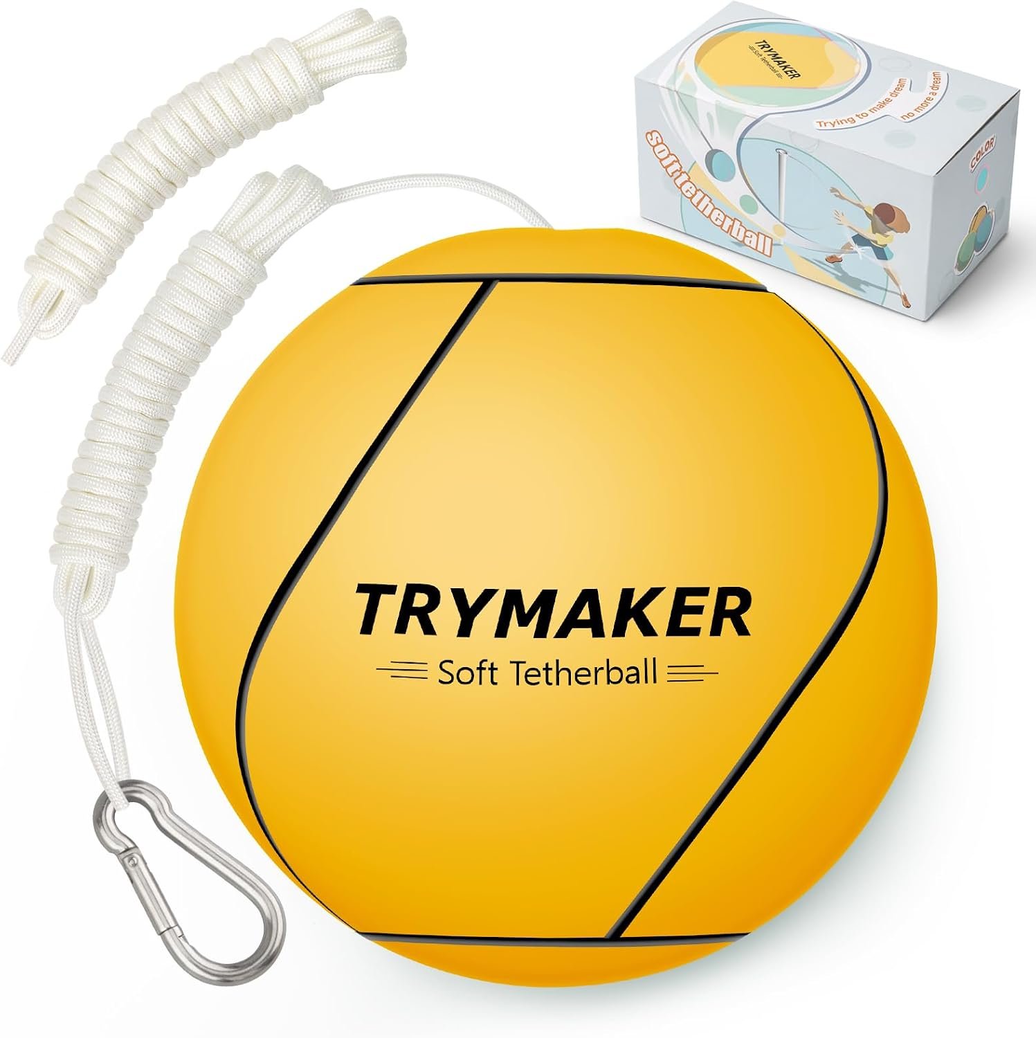 Trymaker Tetherball Ball and Rope, Tether Balls and Rope Set Replacement | for Kids Adult and Dogs, Classic Yellow with Ropes and Carabiner, Backyard Playground and Outdoors