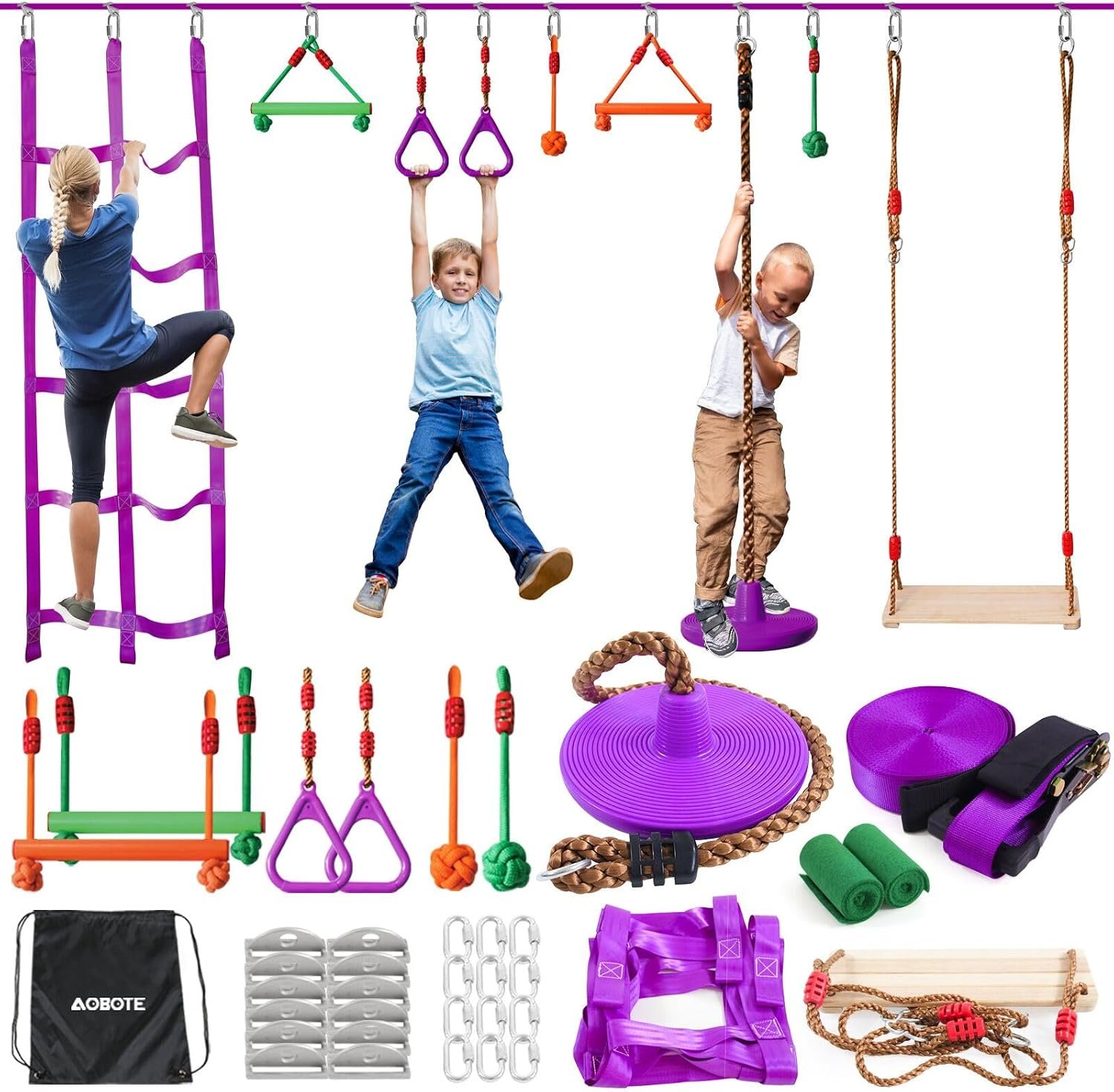 AOBOTE Ninja Warrior Obstacle Course for Kids-Slackline 52ft with 9 Accessries,Awing Seat,Climbing Net,Monkey Bar -Obstacle Course Outdoor-Playset Equipment for Girls & Boys