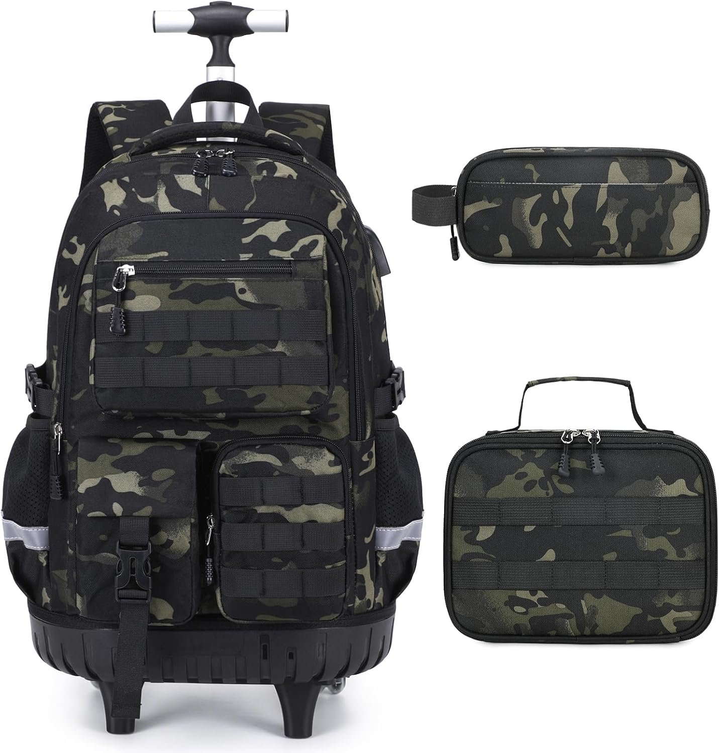DIGOBAY Camo Rolling Backpack for Boys, 3PCS Tactical Kids Rolling Backpack Set with Lunch Bag & Pencil Case, Boys Wheeled School Bookbag for Elementary, Middle, High School | Tactical Kids Rolling Backpack Set, Boys Wheeled School Bookbag Elementary Middle High School, Camo Black/Grey