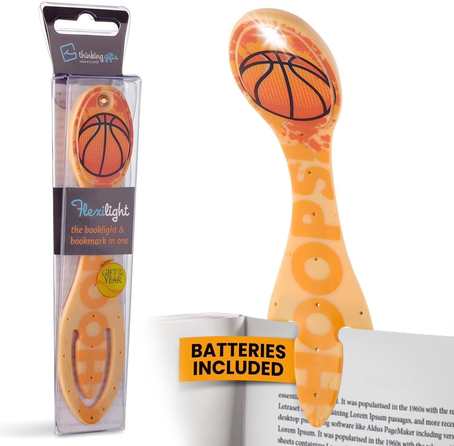 Gifts for Readers & Writers Book Light, Clip On Reading Light for Bed, 2in1 Flexilight & Bookmark, Small & Lightweight with a Soft Glow, 2 Batteries Included, Basketball