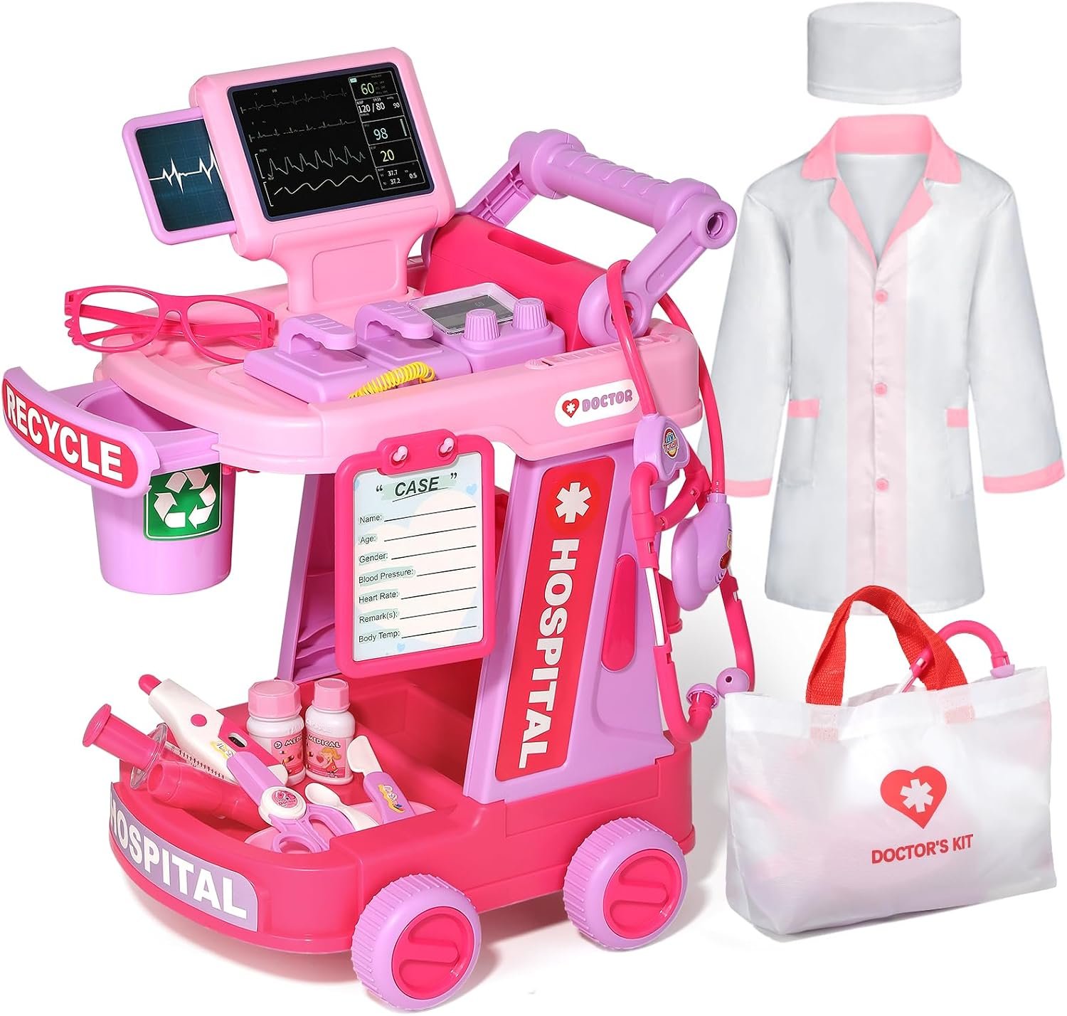 Phobby Doctor Kit Toy for Toddlers 2 3 4 5 Years Old, Pink | Pretend Kids Doctor Play Set with Cart, Bag and Costume, Role Play Medical Toys, Girls Boys Birthday Gift