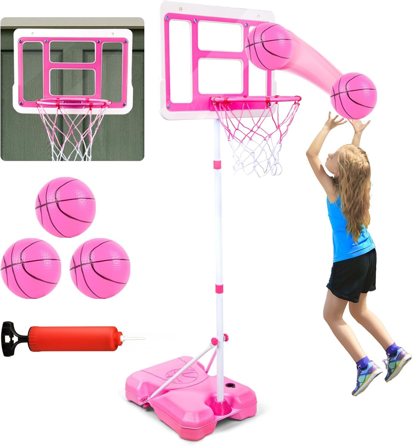 Kids Adjustable Basketball Hoop, Sport Outdoor Toys for 3-8 Year Gift(Pink) | Adjustable Height 3.5FT-6.2FT Toddler Basketball Hoop, Basketball Goal Toys for Girls Age 3 4 5 6 7 8 Years Old Gifts