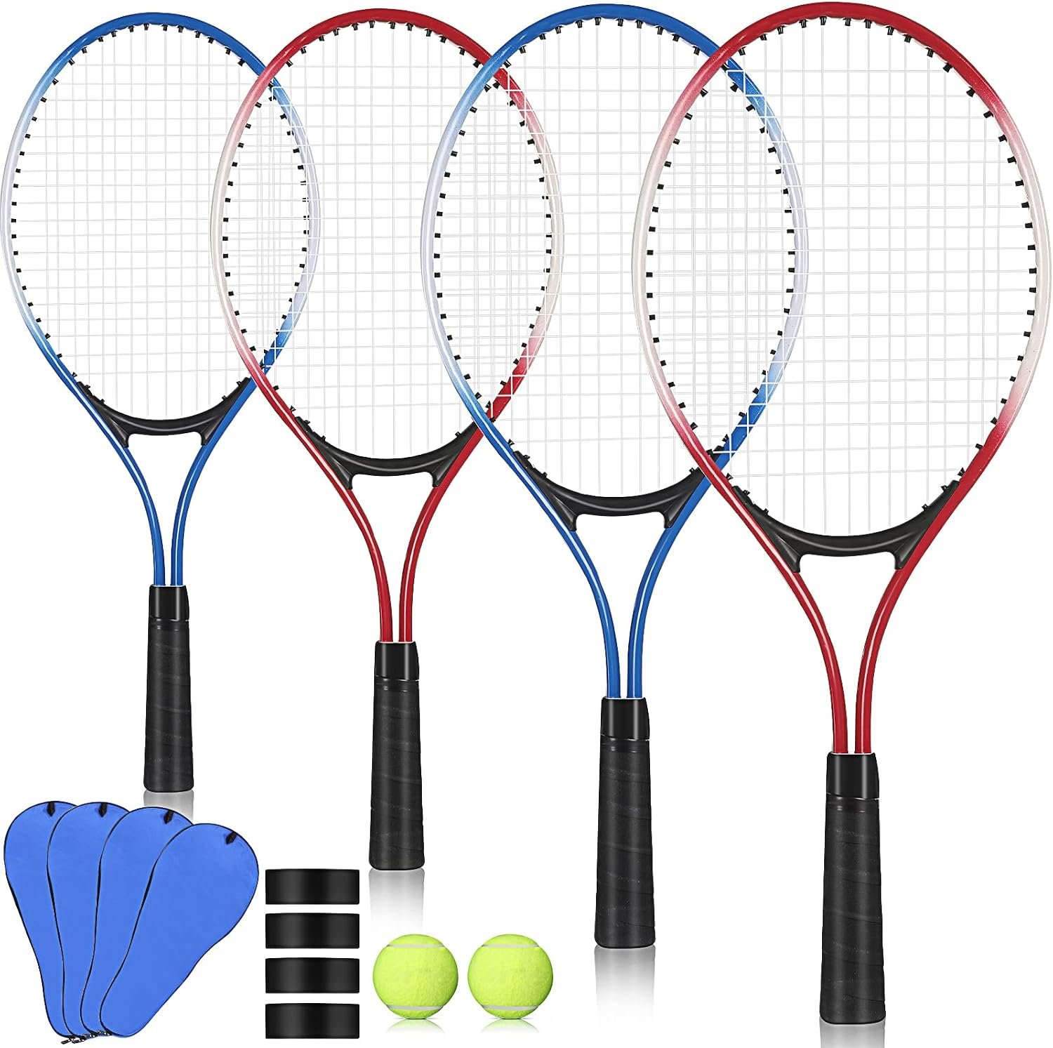 4 Pcs Tennis Rackets for Kids, 21 in, with Balls, Blue Red | Beginner Set, Overgrips Included, Carry Bag, Lightweight Frame, 4 Racquets for Boys Girls