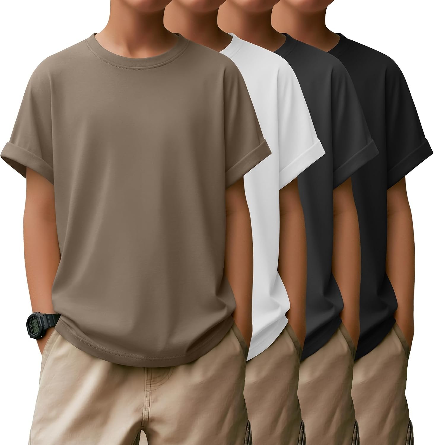 4 Pack Boys Short Sleeve Shirts | Crew Neck, Loose Fit, Kids Tops, Size 8, 10-12, Basic, Casual, Soft, Plain Tees, Lightweight, Breathable, Comfortable