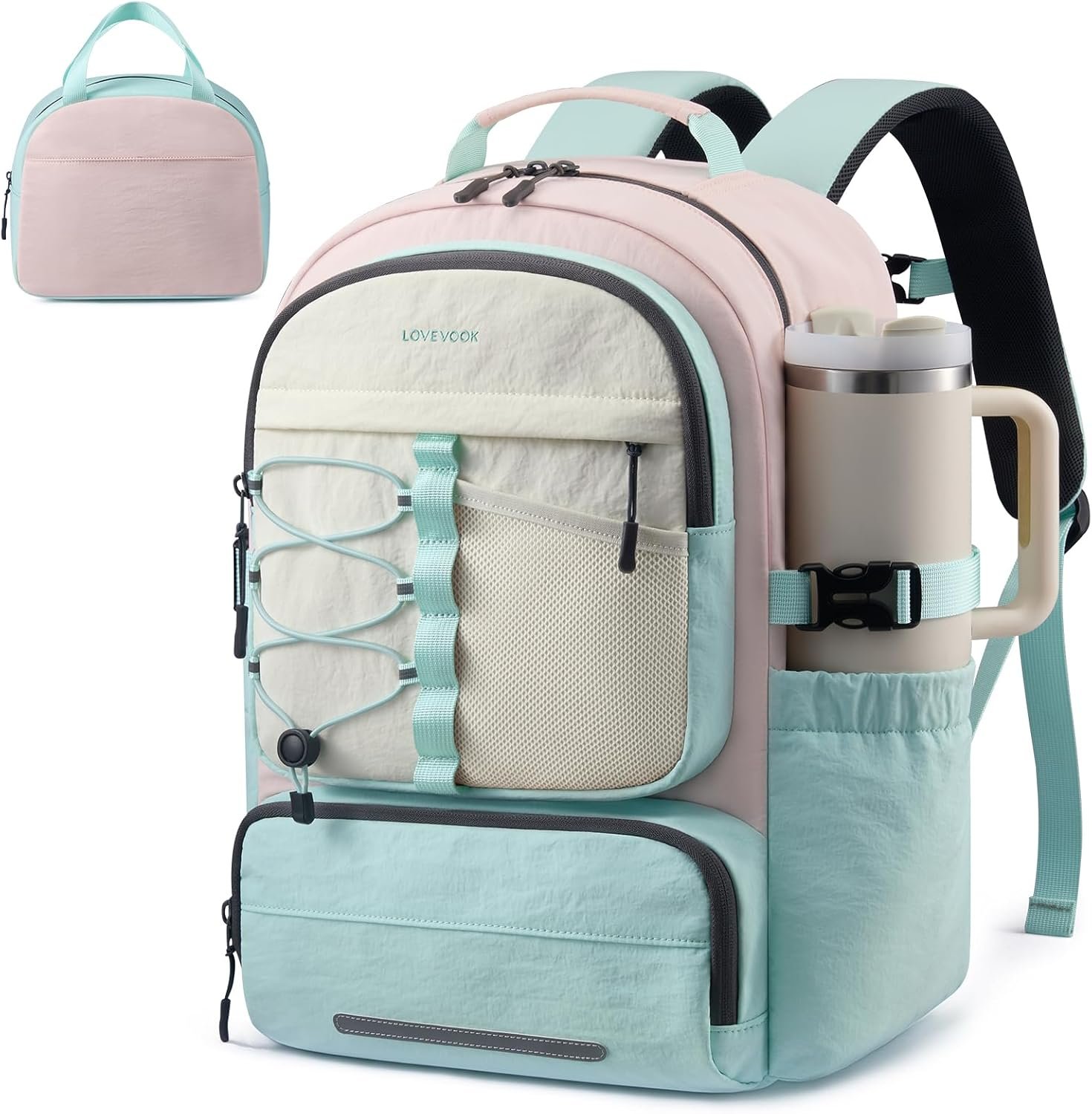 LOVEVOOK 2Pcs School Backpack Bookbag for Kids Teen Girls with Lunch Box | with Large Cup Holder&Pens Compartment, Unique Style Back to School Bookbag, Large Capacity 15.6 Inch Laptop College Backpack