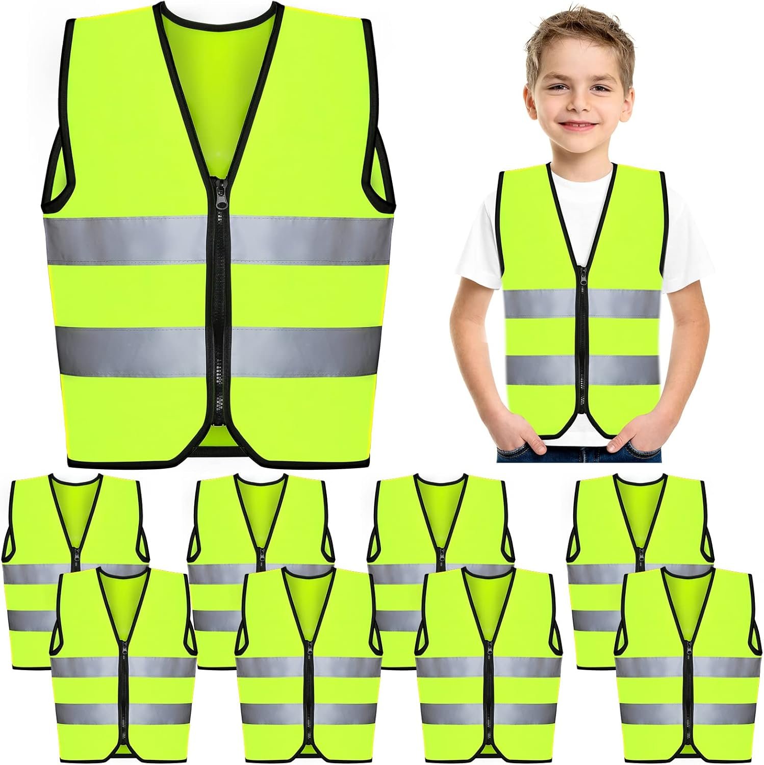 Unittype10 Pcs Kid High Visibility Vest Reflective Strip | Children’s Neon Construction Vests with Zipper for Toddler Worker Costume Traffic, Cycling Running Skiing, Ages for 3-10