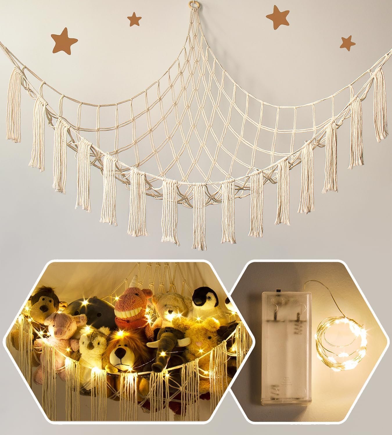 Stuffed Animal Storage Hammock Corner X-Large with LED Light – Baby Hammock Hanging Holder Plushies Net for Stuff Animals Organizer – Cute Room Decor Aesthetic Kids Toddler Nursery Bedroom Boho