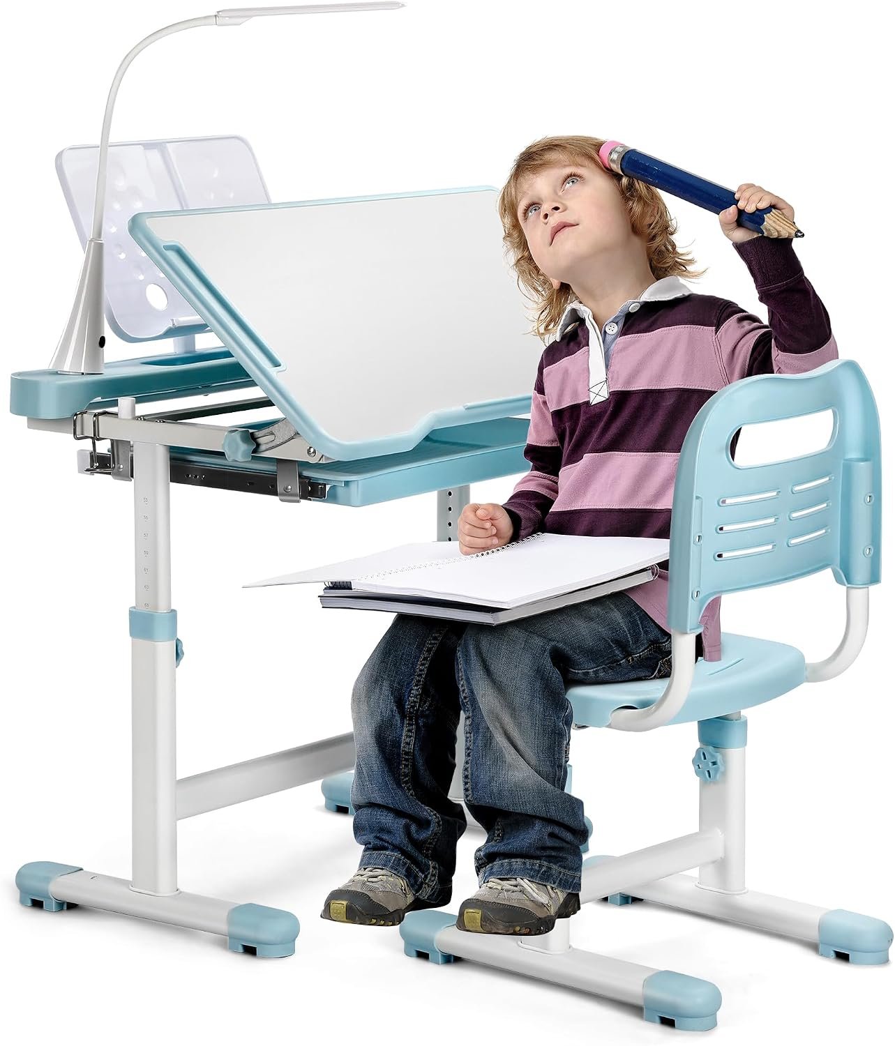 Kids Desk and Chair Set, Height Adjustable Children School Functional Study Desk with 55° Tiltable Desktop, 3 Modes & Brightness LED Light, Storage Drawer & Metal Hook for Boys Girls (Blue)