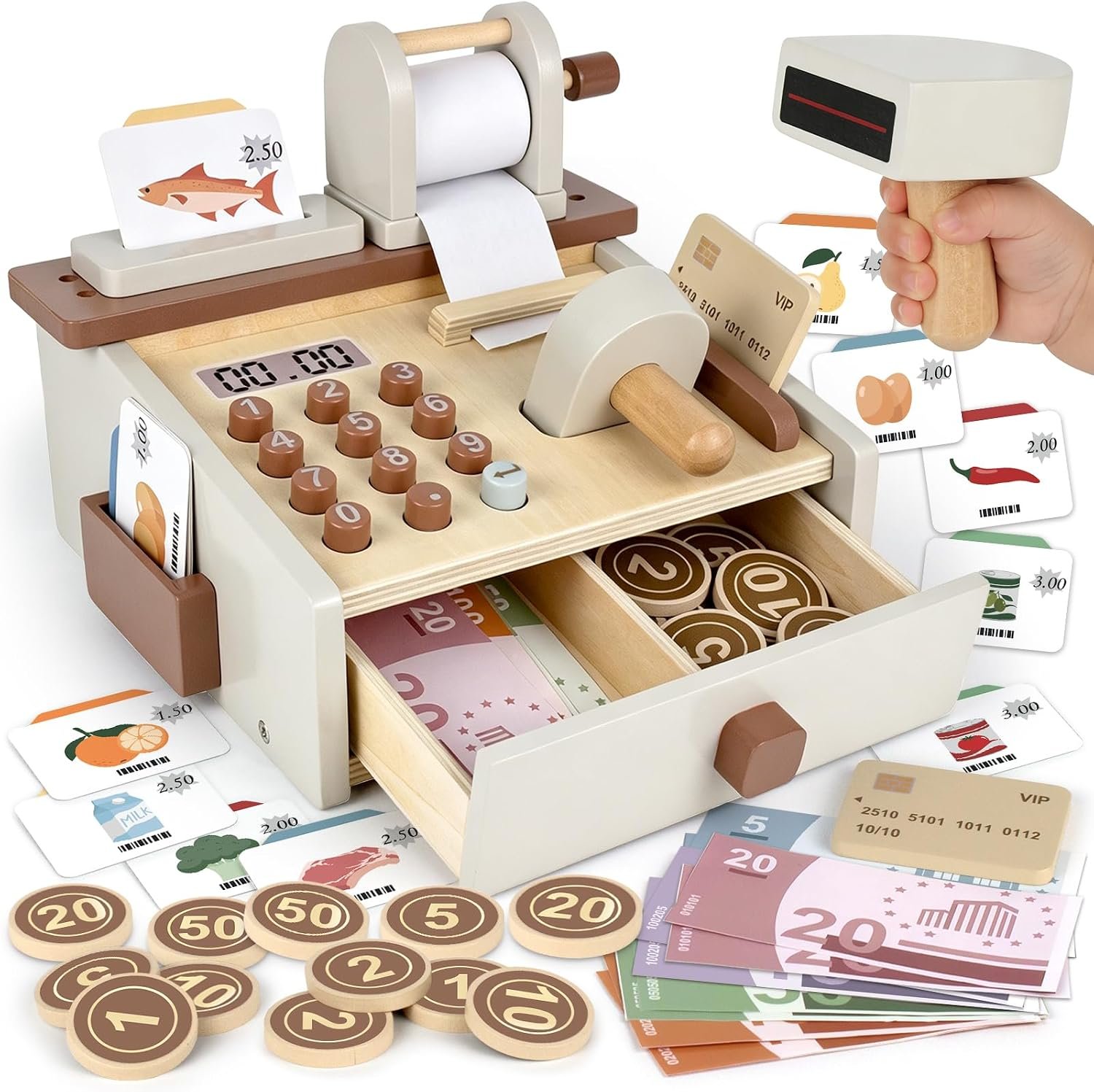 Cash Register for Kids Play Money with Scanner Boys Girls Birthday Gift | 3 4 5 Year Old Pretend Play Toys Grocery Store Educational Preschool Toys with Wooden Coins Prop Money