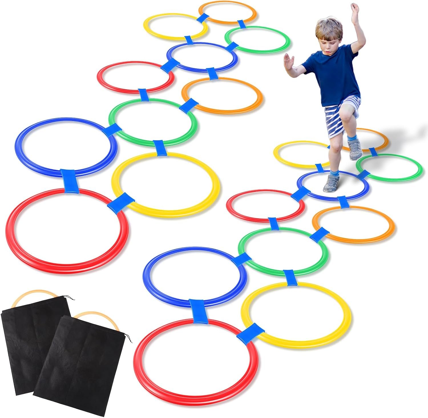 Woanger 2 Sets of Hopscotch Outdoor Squares 20 Pcs Hopscotch Ring Game with 30 Pcs Connectors Outdoor Indoor Obstacle Course for Kids Playground Agility Training(11 Inch,Hoop)