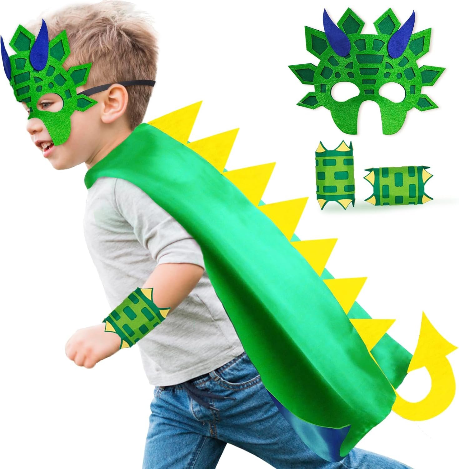 Dinosaur-Costume for Kids Dinosaur Cape Mask Cuffs as Dress-Up Toy | 4-Pcs Dragon Capes Costume Set as Birthday Party Gifts for Boys Girls 3-9, Halloween Cosplay, School Pretend Play Outfits