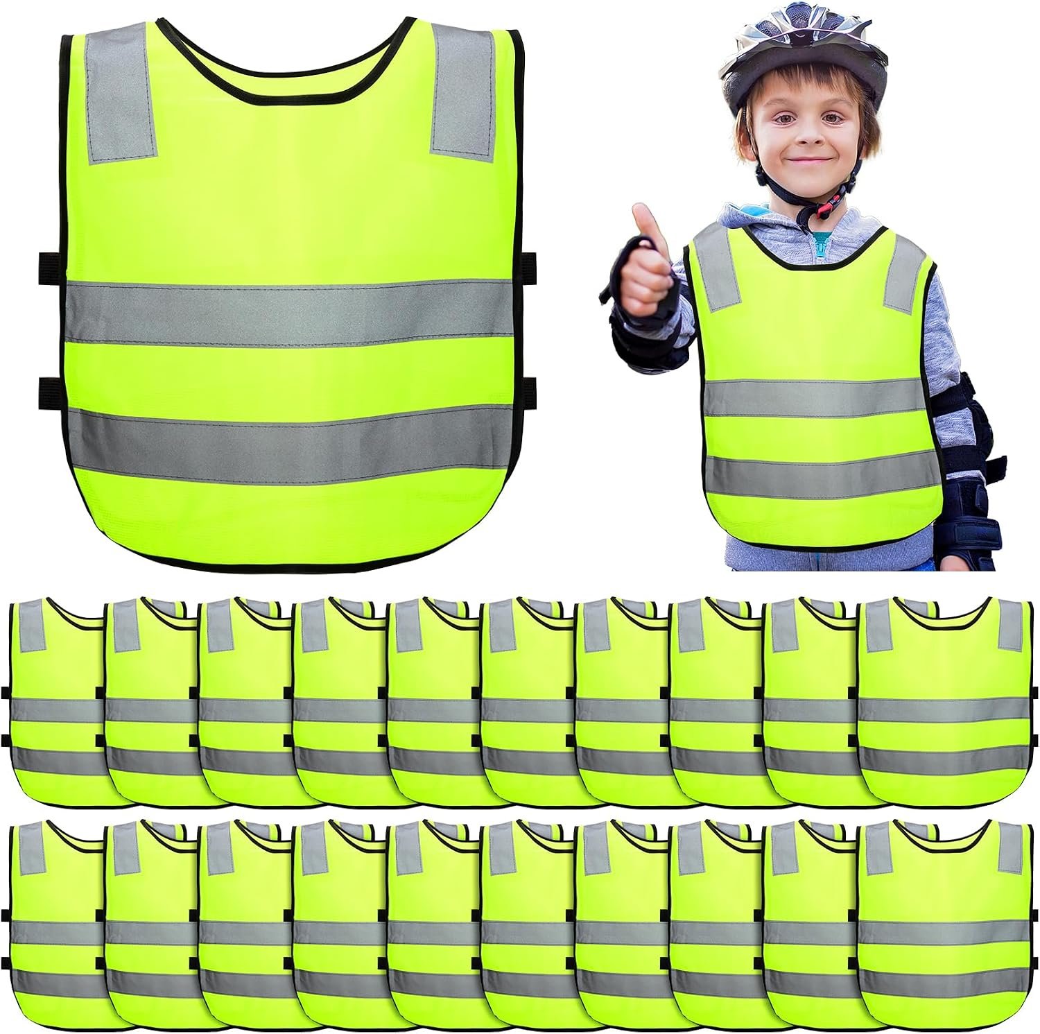 Unittype 20 Pcs Kids Safety Vest High Visibility Reflective Safety Children Vest Neon Yellow Child Traffic Clothes with Elastic Strap for Kids Cycling Running Skiing Outdoor Activities