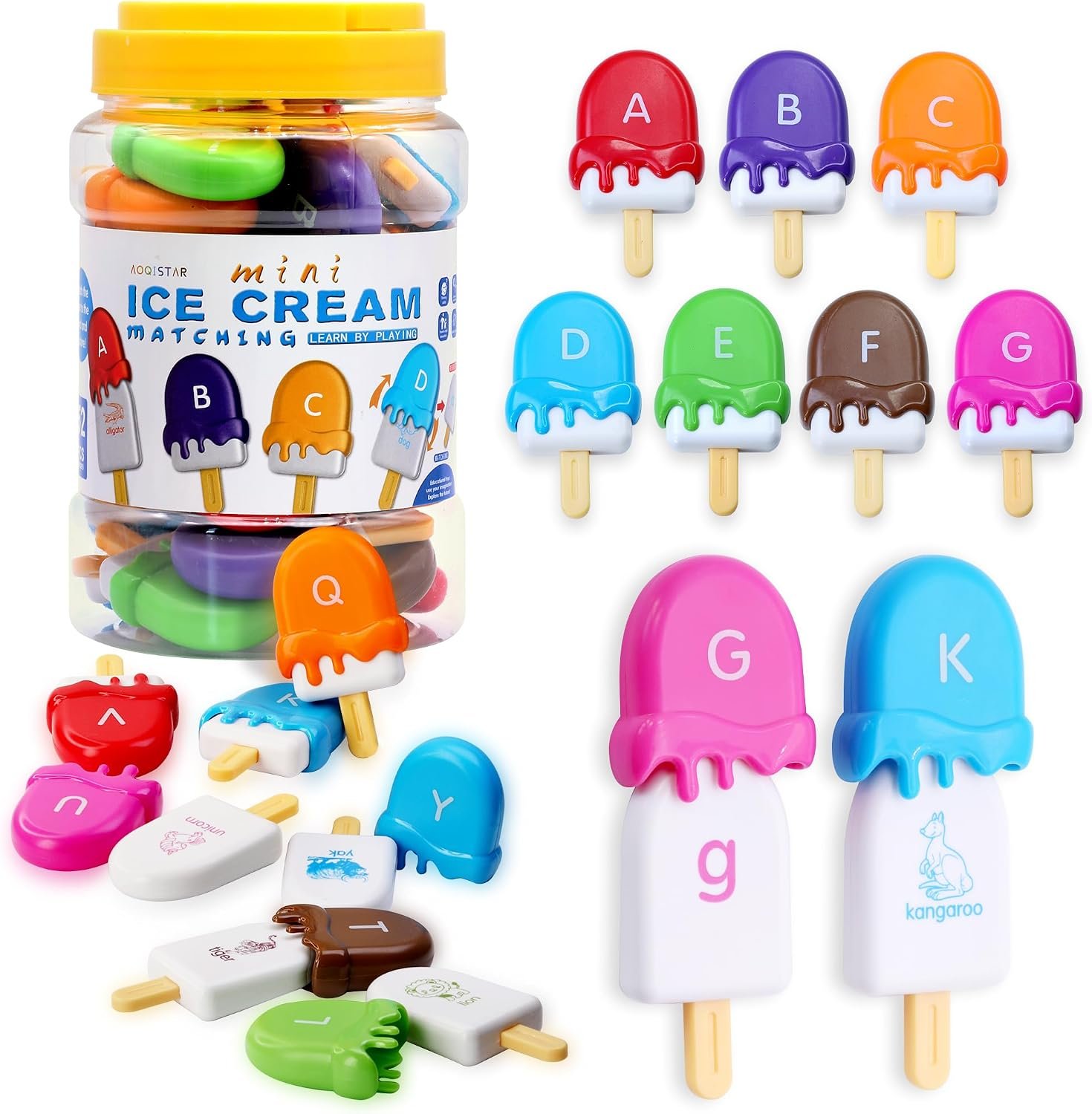 USATDD ABC Alphabet Learning Toys Alphabet Popsicles Animal Matching Toy Uppercase Lowercase Preschool Learning Activities Montessori Toys Gifts for Kids Toddlers, 52 Pcs