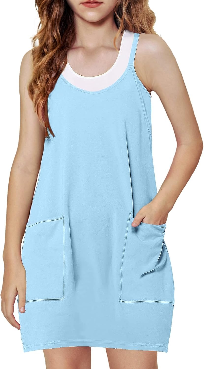 Arshiner Girls Dress with Shorts Casual Spaghetti Straps One Piece Romper | 5-15 Y, Kid Summer Dresses with Pockets, Adjustable straps, 2 in 1,Athletic, Jumpsuits, Overall, Stretch Fabric, Cotton Soft