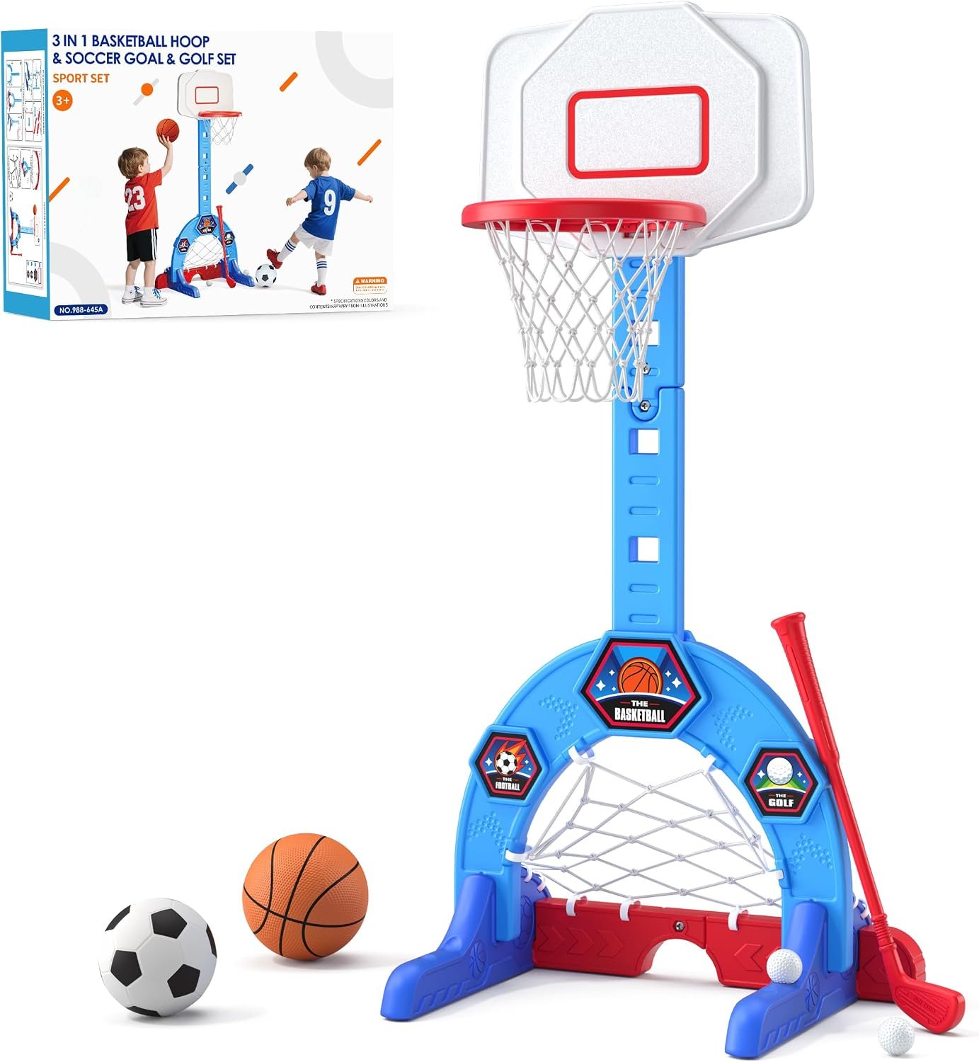 Toddler Basketball Hoop, 3-in-1 Sports Activity Center, Blue | with Soccer Goal, Golf Game, 5 Height Adjustable Kids Basketball Hoop, Indoor Outdoor Playset Toys Gifts for Boys Girls