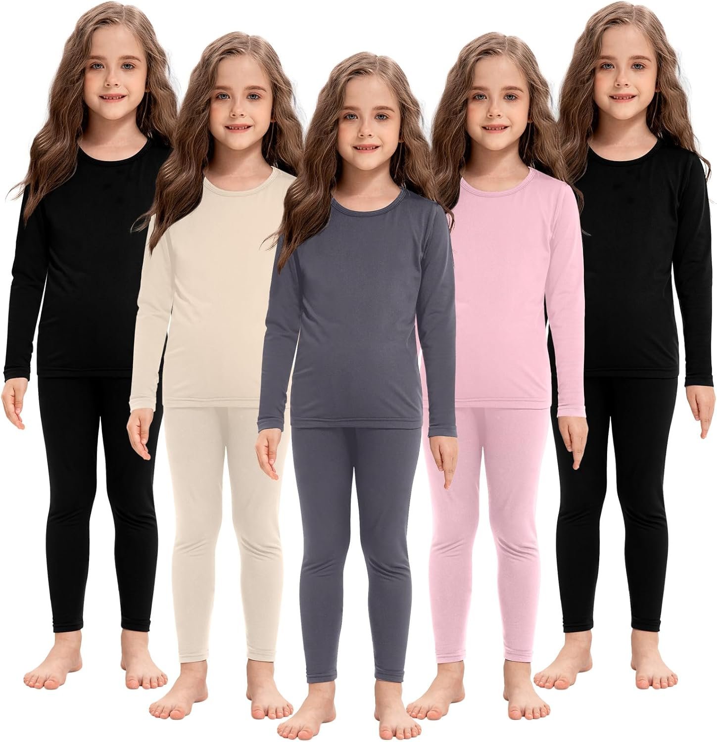 Silkfly 5 Set Girls Thermal Underwear Set Fleece Lined Long Winter Underwear Kids Base Layer Thermal Top Bottom Warm