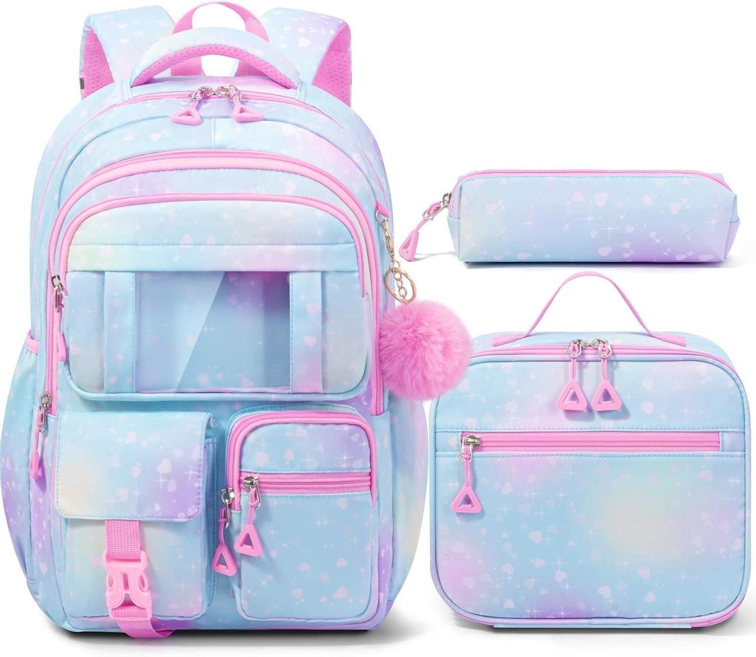 Fimibuke Kids Backpack for School Girls, Waterproof Backpack w/Lunch Box | 3Pcs Lightweight Girls Blue Bookbag w/ Lunch box & Pencil Pouch Combo Cute Backpack for Ages 6+ Elementary Middle School Teen