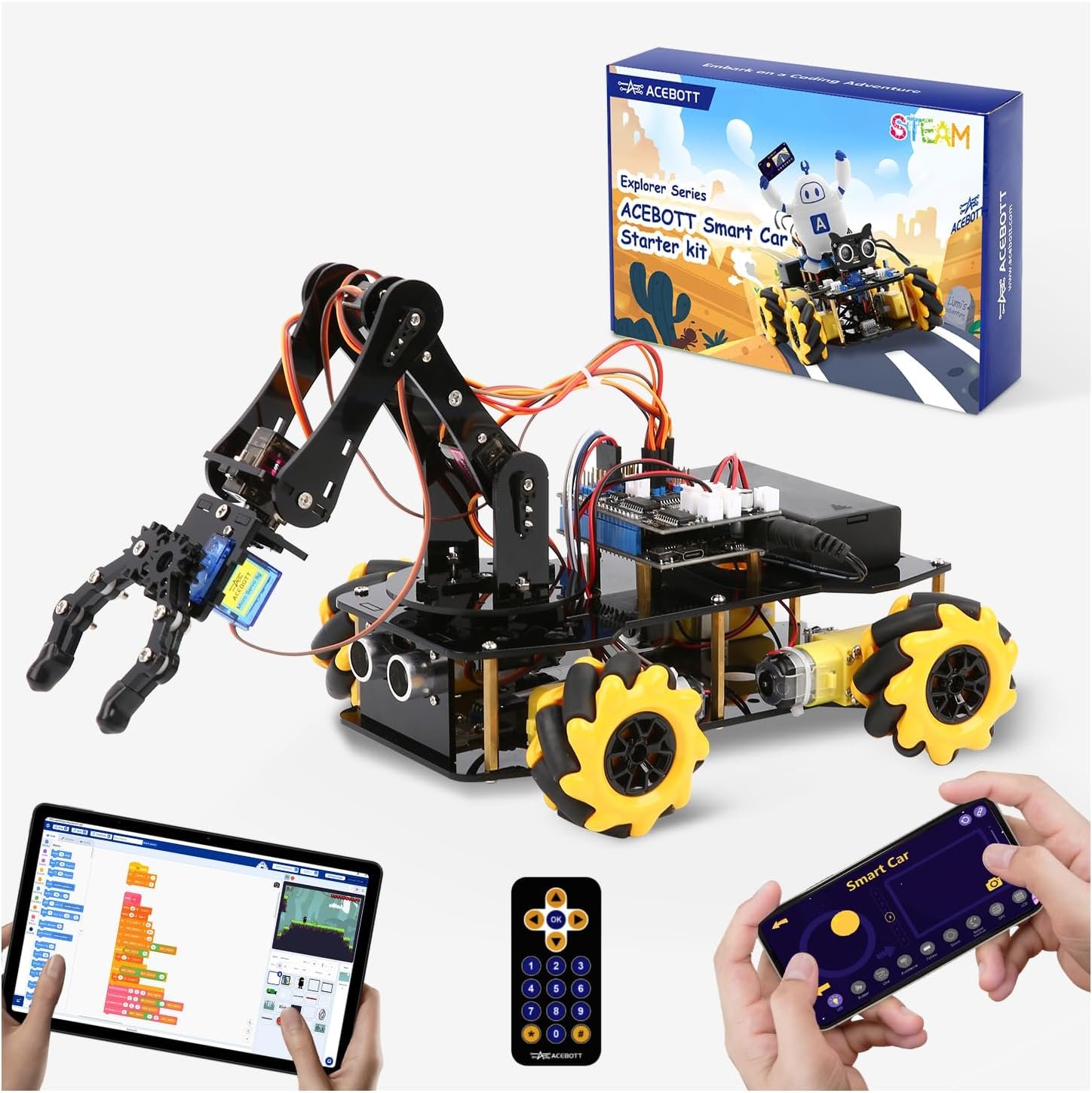 Robotics for Kids Ages 8-12, ACEBOTT Smart Robot Arm Car Kit with 5DOF, STEM Toys for Boys Age 8-12 12-16+, ESP32 Arduino/Python/Blockly Coding, App & Remote Control, STEM DIY Gift for Teens & Adults