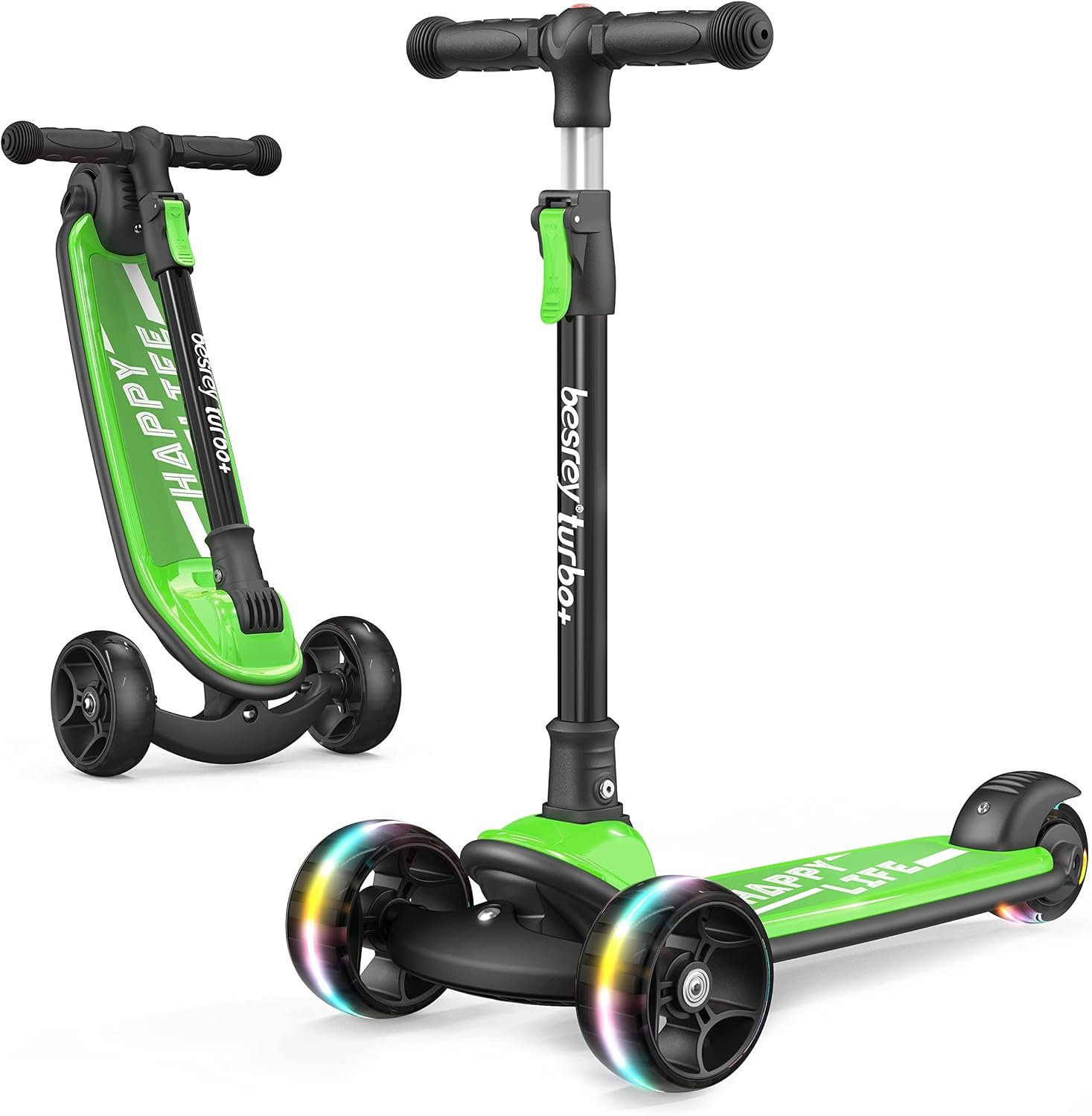 besrey 3 Wheel Scooter for Kids Ages 3-10 with 4 Adjustable Height | LED Light Wheels, Foldable Toddler Scooter, Extra Deck, Lean-to-Steer Design, Sturdy and Safe