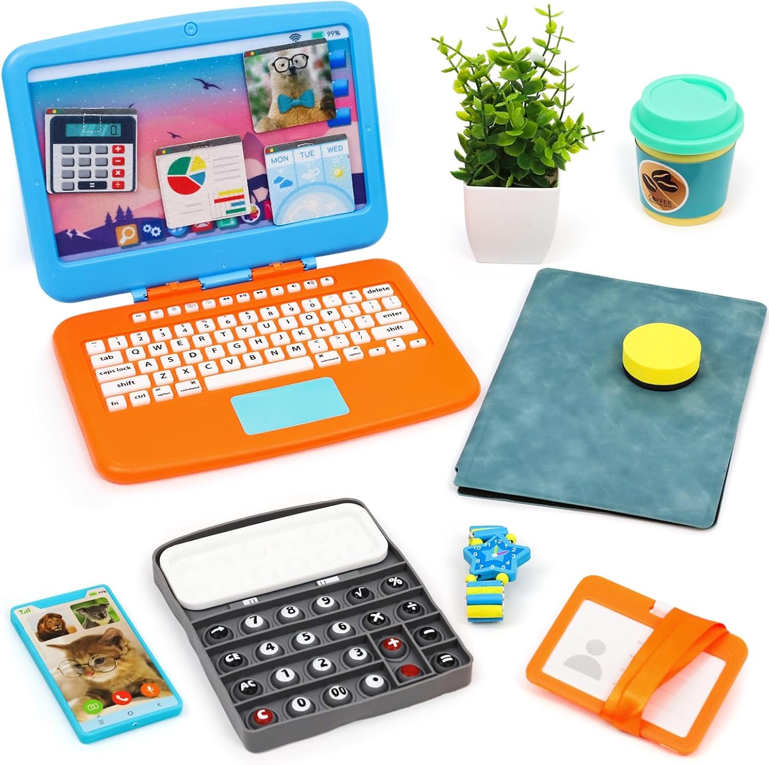 10 Pcs Pretend Play Home Office Toys, Pretend Play for Toddler 3-5-7 | Pretend Play Sets with Kids Laptop, Pop-Up Calculator, Notebook, Watch, Coffee & Plant, Birthday Gift for 3 4 5 6 7 Year