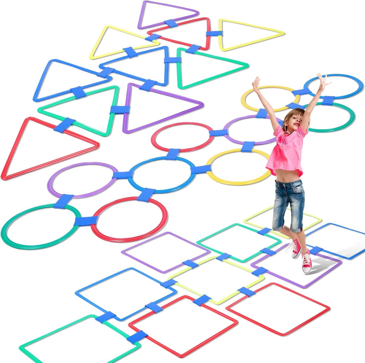 Liliful 3 Set Hopscotch Ring Game, 30 Pcs Agility Rings with 45 Connectors & 3 Storage Bags, Multicolor Hopscotch Squares Triangle Obstacle Course for Kids Indoor Outdoor Playground PE Training