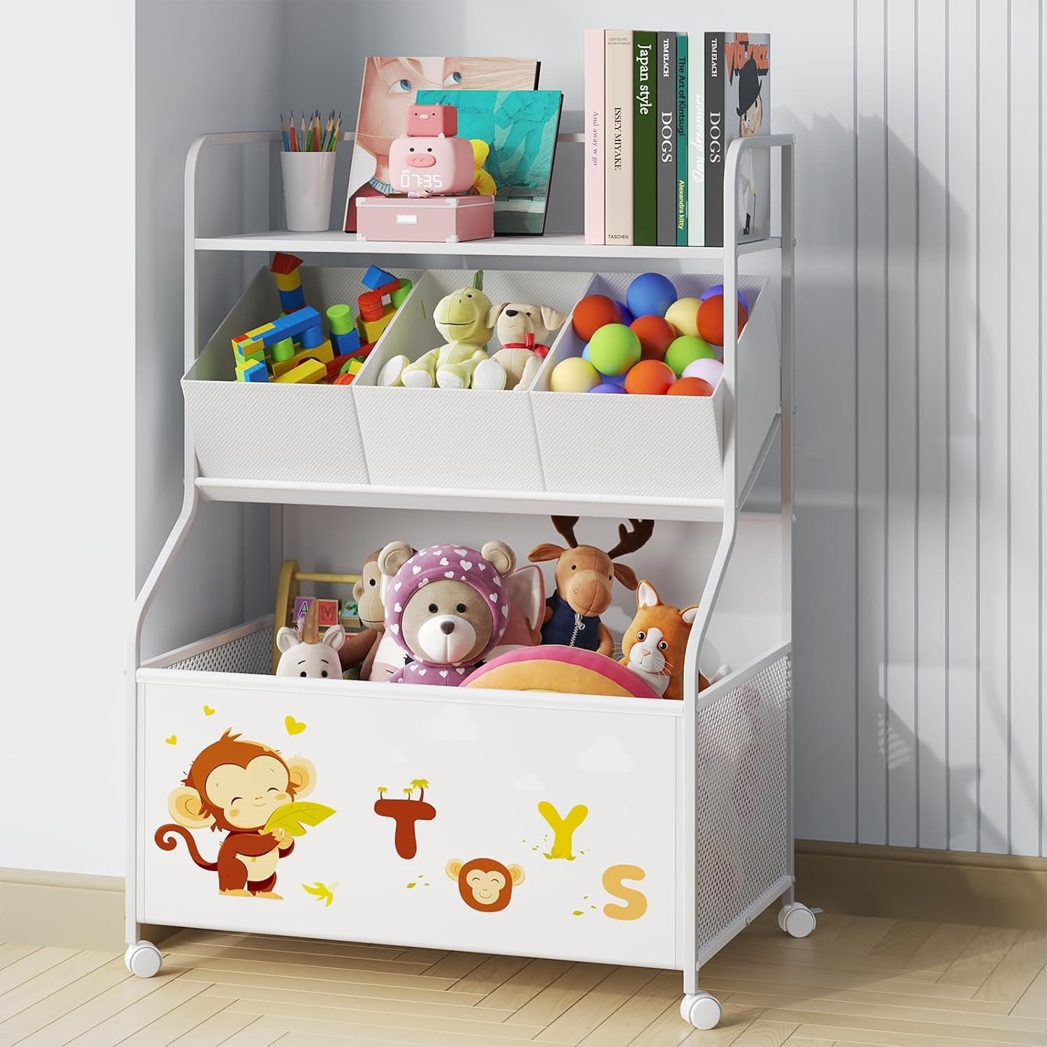 BBLIKE Toy Storage Organizer with Wheels – 3-Tier Kids Large Toy Box, Toy Chest Storage for Boys Girls Toddlers, Kids Bookshelf with 3 Fabric Toy Boxes for Playroom, White
