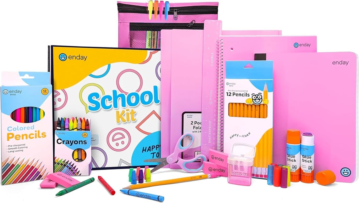 Enday Back to School Supplies for Kids, School Supply Box Grades K-5 (Pink, 1 Kit) | Premium Quality Kids School Supplies Kit, Kindergarten School Supplies for Girls and Boys, 78 Piece Set