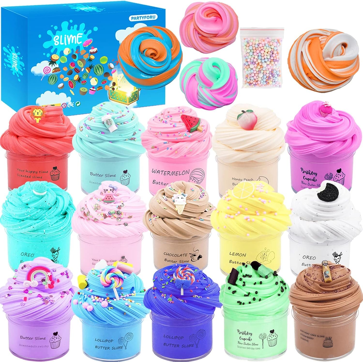 15Pack Butter Slime Kit with Scented DIY Slime for Girls and Boys, Super Soft, Non-Sticky Stress Relief Toy, Party Favors and Birthday Gift
