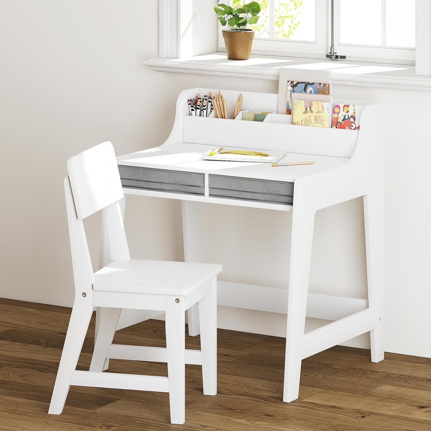 UTEX Wooden Kids Desk and Chair Set with 2 Fabrics Drawers for Study Room | Kids Study Desk with Stand-up Organizer, Solid Wood Legs, Ergonomic Chair, Water-based Paint