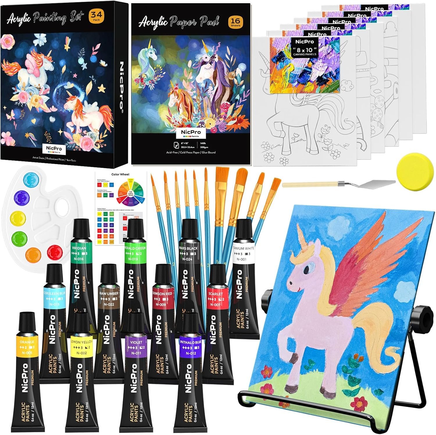 Nicpro 34PCS Kids Painting Set with Pattern Canvas for Beginner Students | 12 Acrylic Paints, 10 Brushes, 6 Canvas Panels, Table Easel, Paper Pad, Color Wheel, Palette, Art Painting Supplies Kit