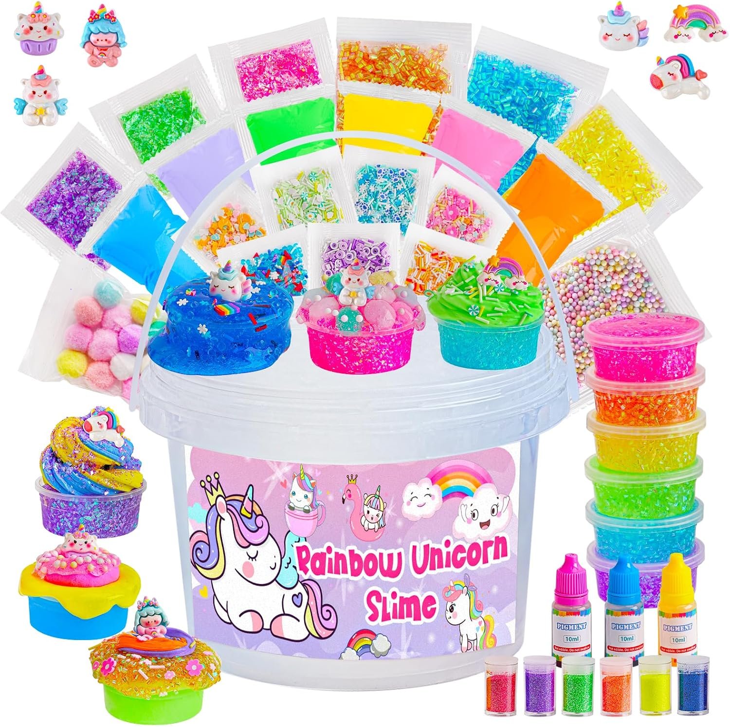 Crystal Clear Slime Kit with 36 Add-ins & 17 FL OZ Premade Base – DIY Rainbow Slime Making Kit in Bucket for Kids, Gift for Girls and Boys Ages 8-12, Party Favors for Birthday, Easter, Halloween