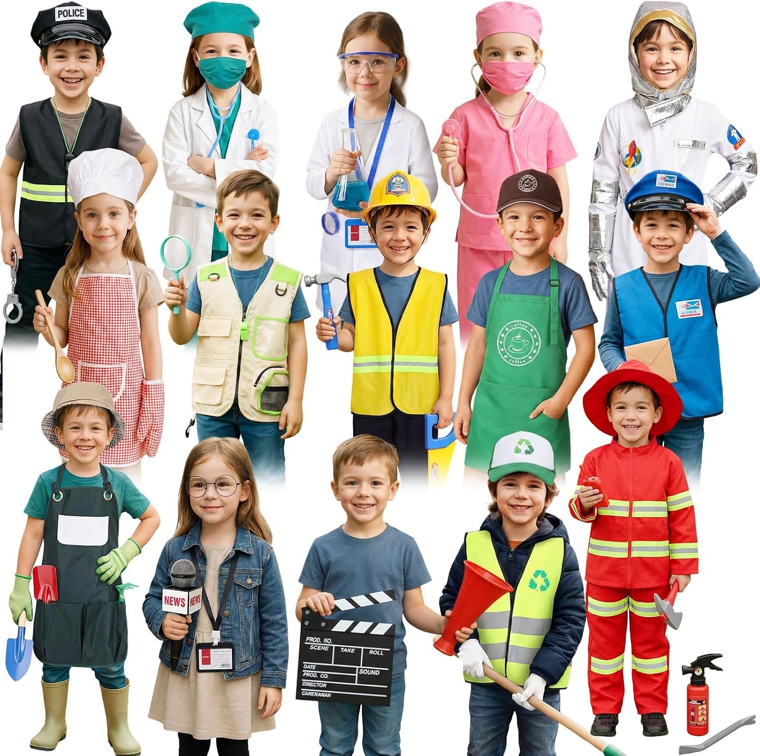 15 Sets Toddler Dress up Clothes Kids Role-Play Costumes Police Firefighter Doctor Nurse Astronaut Barista Director Postman Laborer Chef Gardener Explorer Scientist Reporter Sanitation Worker