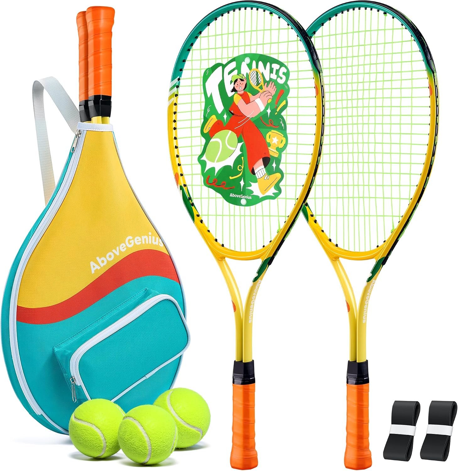 AboveGenius Kids Tennis Racket Set, 21/23/25 inch Tennis Racket for Toddler Youth Starter Kit, 3 Balls, 2 Lightweight Racquets with Easy Carrying Shoulder Strap Bag