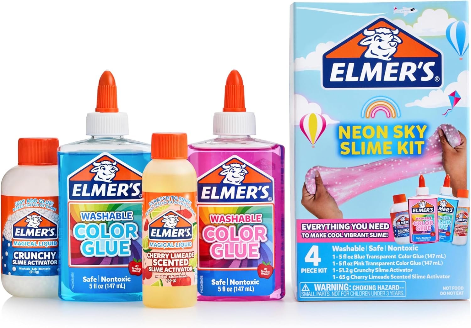 Elmer’s Neon Sky Slime Kit, Includes Transparent Color Liquid Glue, Crunchy and Cherry Limeade Scented Activators, 4 Piece Kit – Arts & Crafts, Birthday Party Gift, Creative Activity