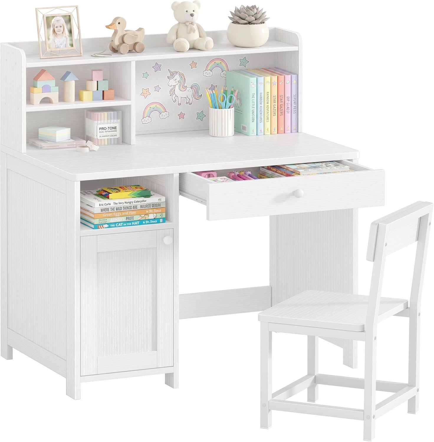 BOLUO Wooden Kids Desk with Storage,White Kids Desk and Chair Set for 8-10 Year Old, Children Study Desk with Drawer and Cabinet Girls Boys