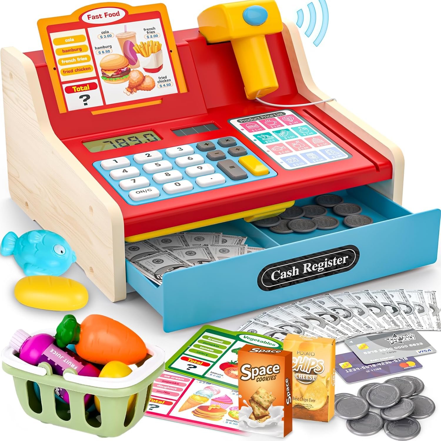 Wooden Toy Cash Register for Kids, Counting Wood Cash Register Toys | Kids Cash Register with Scanner Realistic for Boy Girl Age 3+ 4-8, Pretend Toy Role-Playing Birthday Ideals Gift