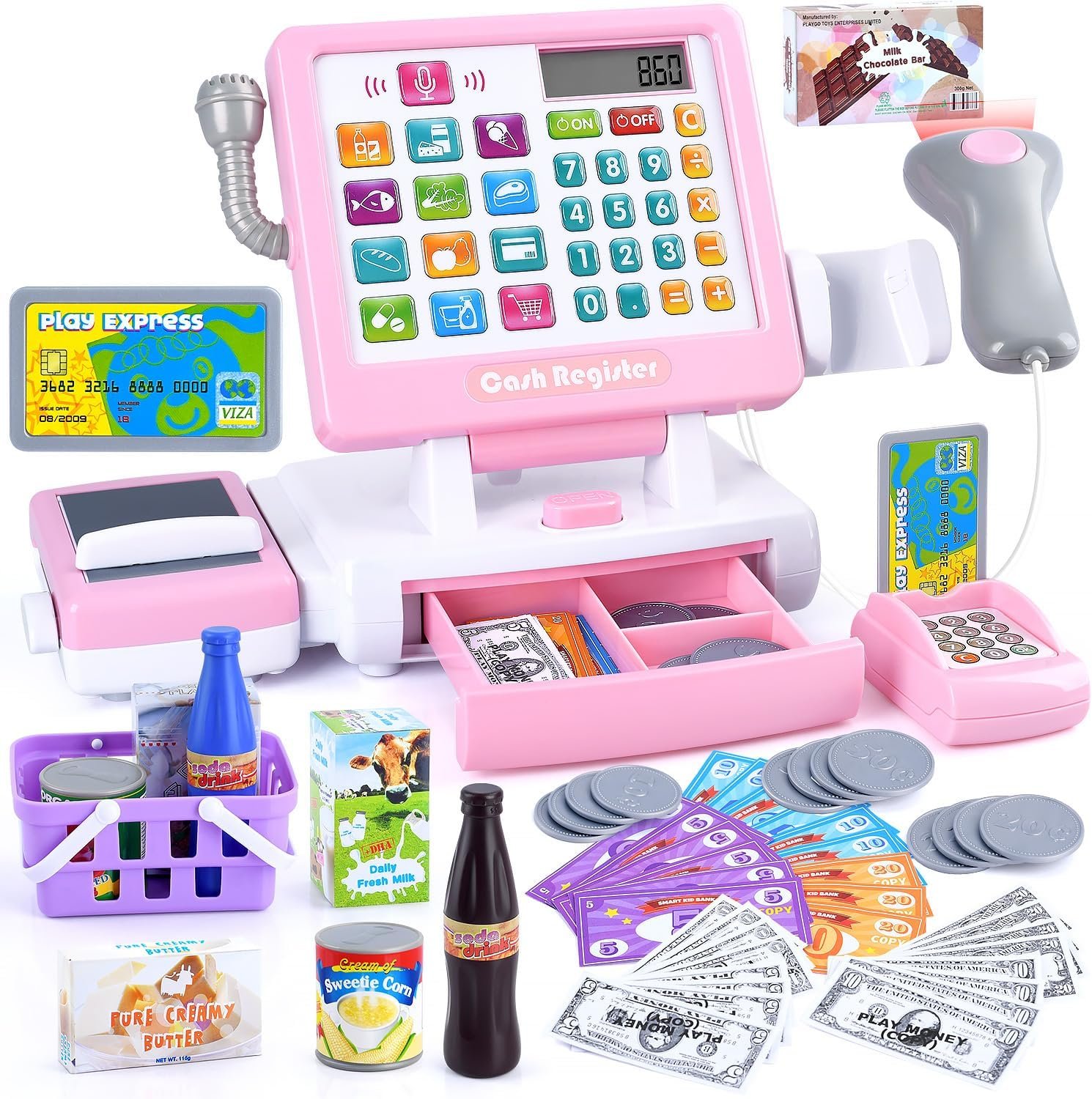 PLAY Kids Cash Register Toy – Pretend Play Calculator Register Toys with Microphone/Conveyors/Play Money/Scanner/Credit Card/Cans/Drink, 3+ Toddler Develops Early Math Skills Learning Toys